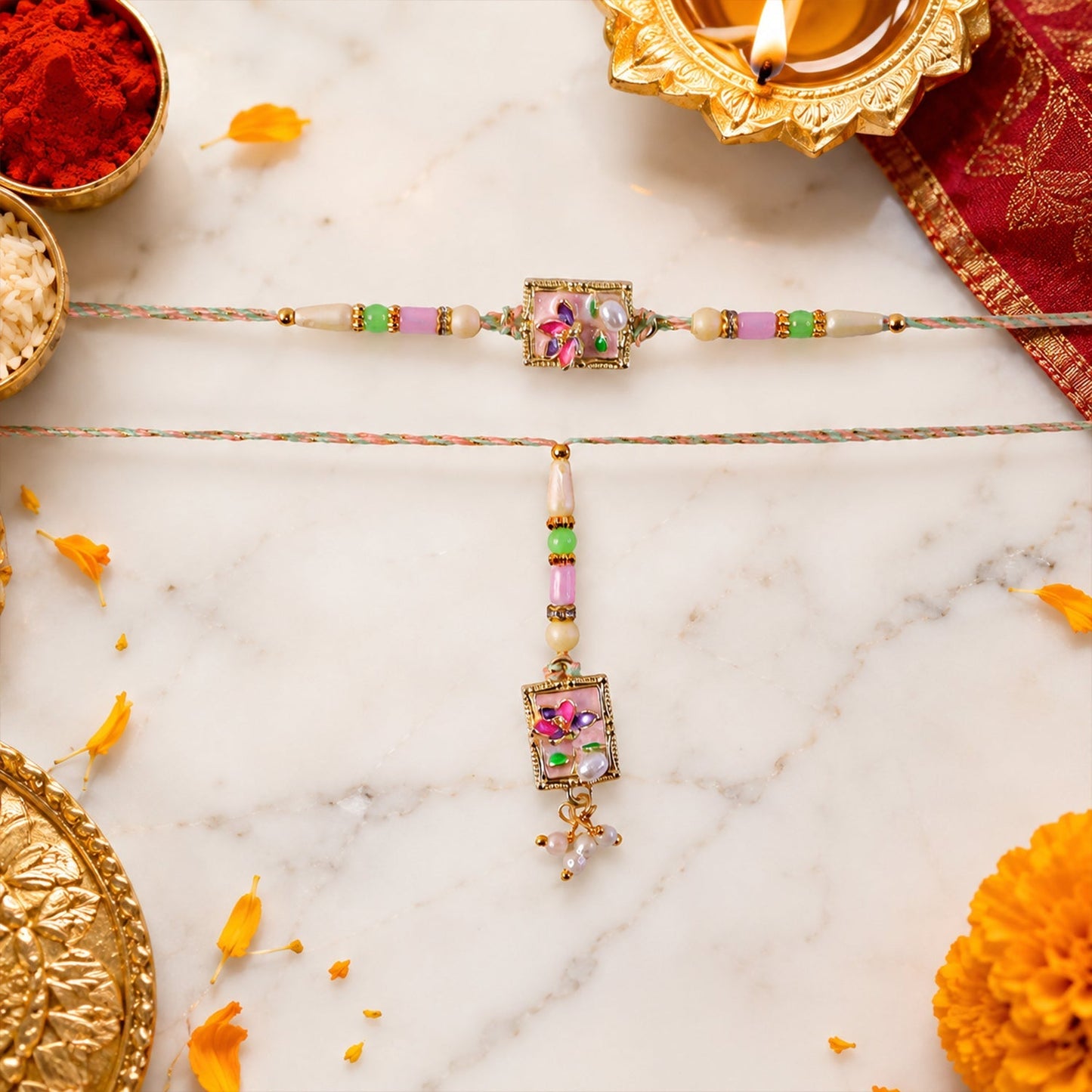 Green Floral Kundan Rakhi set for Bhaiya & Bhabhi