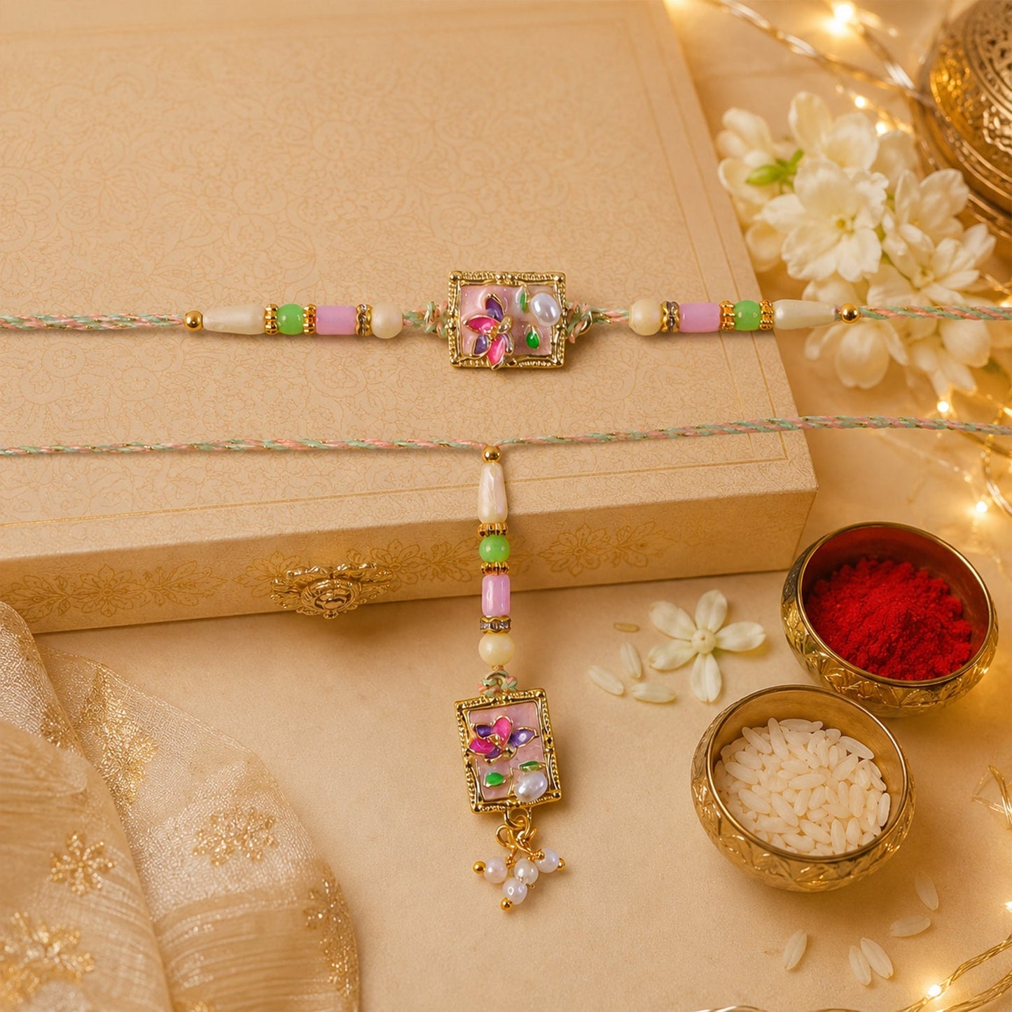 Top view of Green Floral Kundan Rakhi set