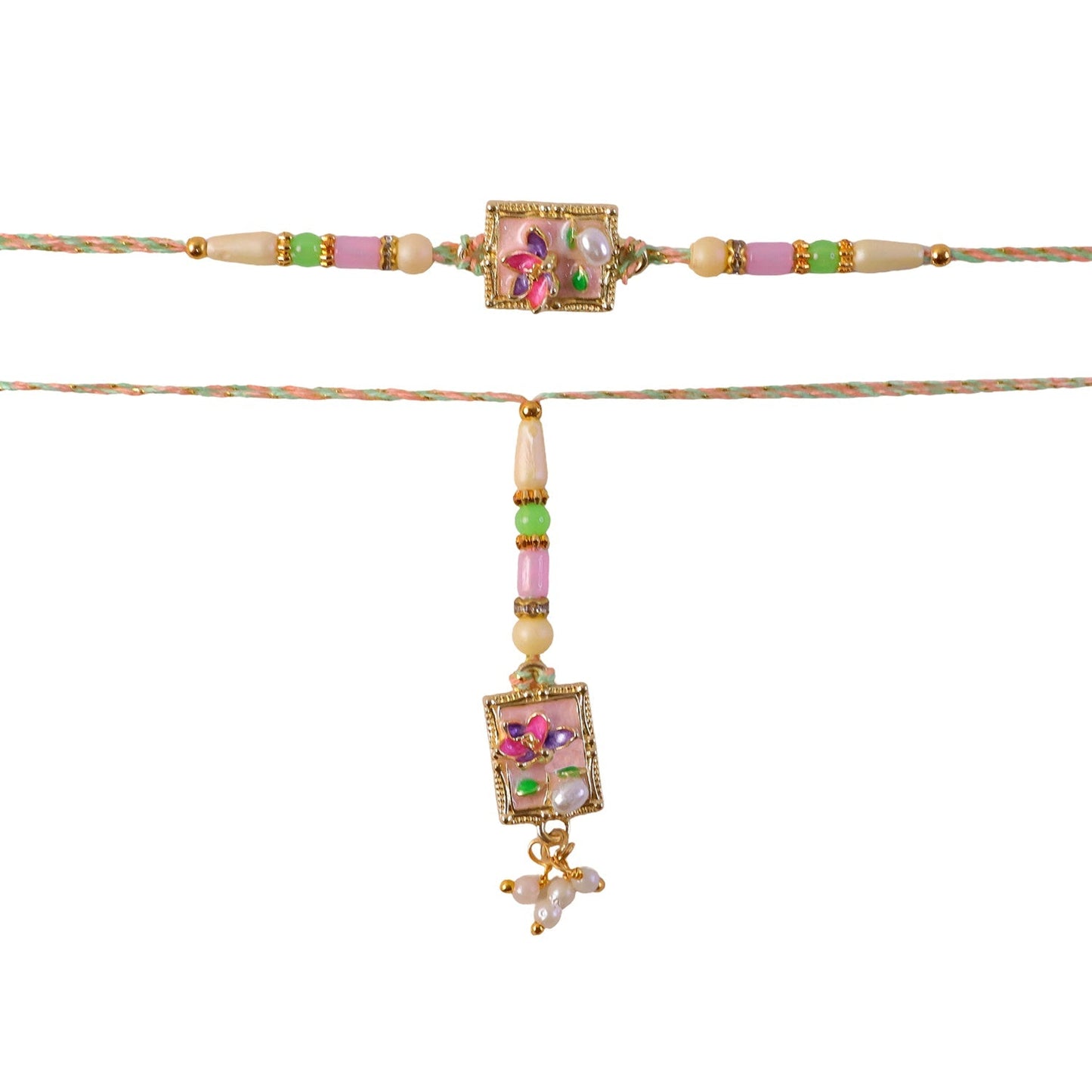 Close-up of intricate Kundan & floral work on Lumba Rakhi
