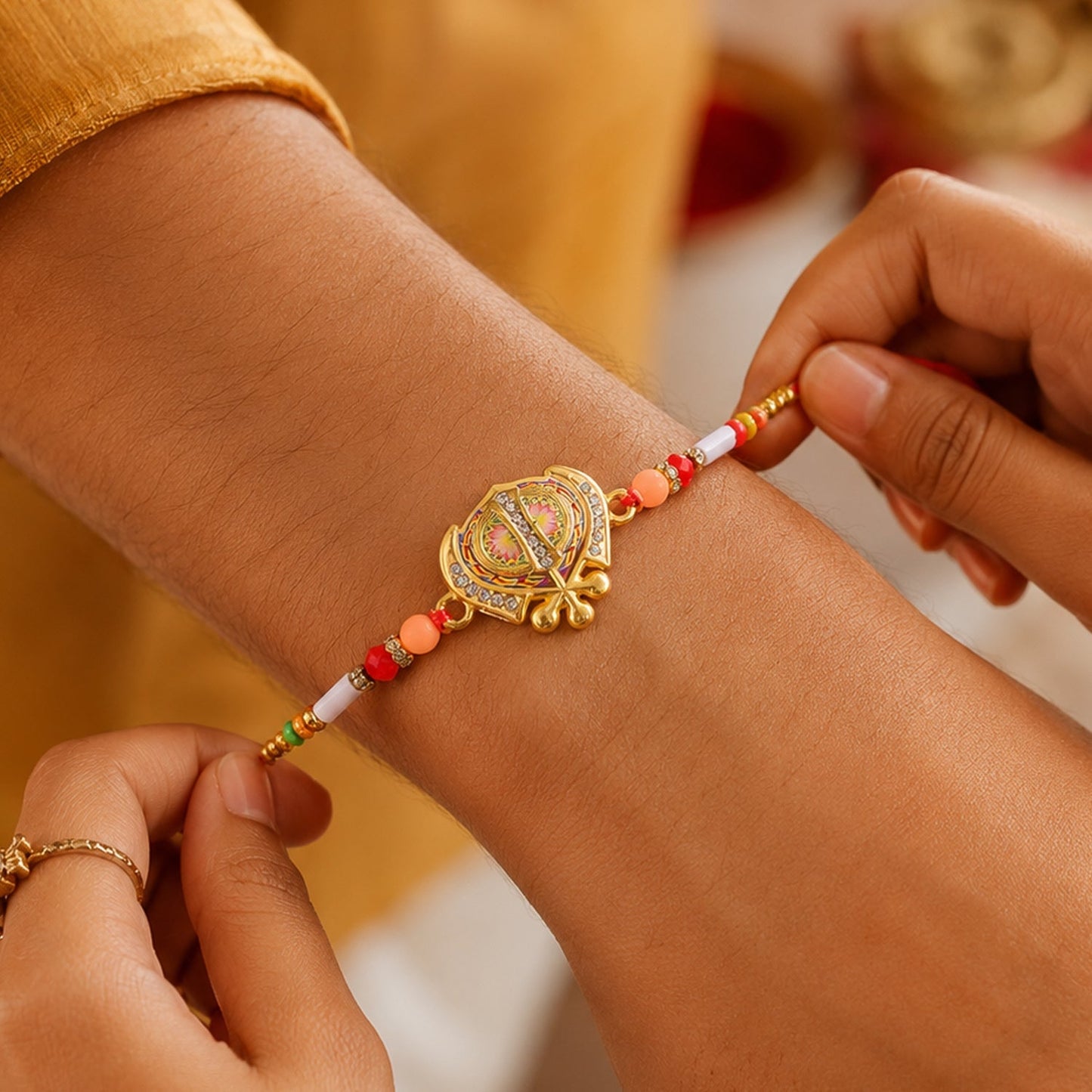 Close-up of the Khanda Sikh symbol on the Rakhi with enamel work and stones.