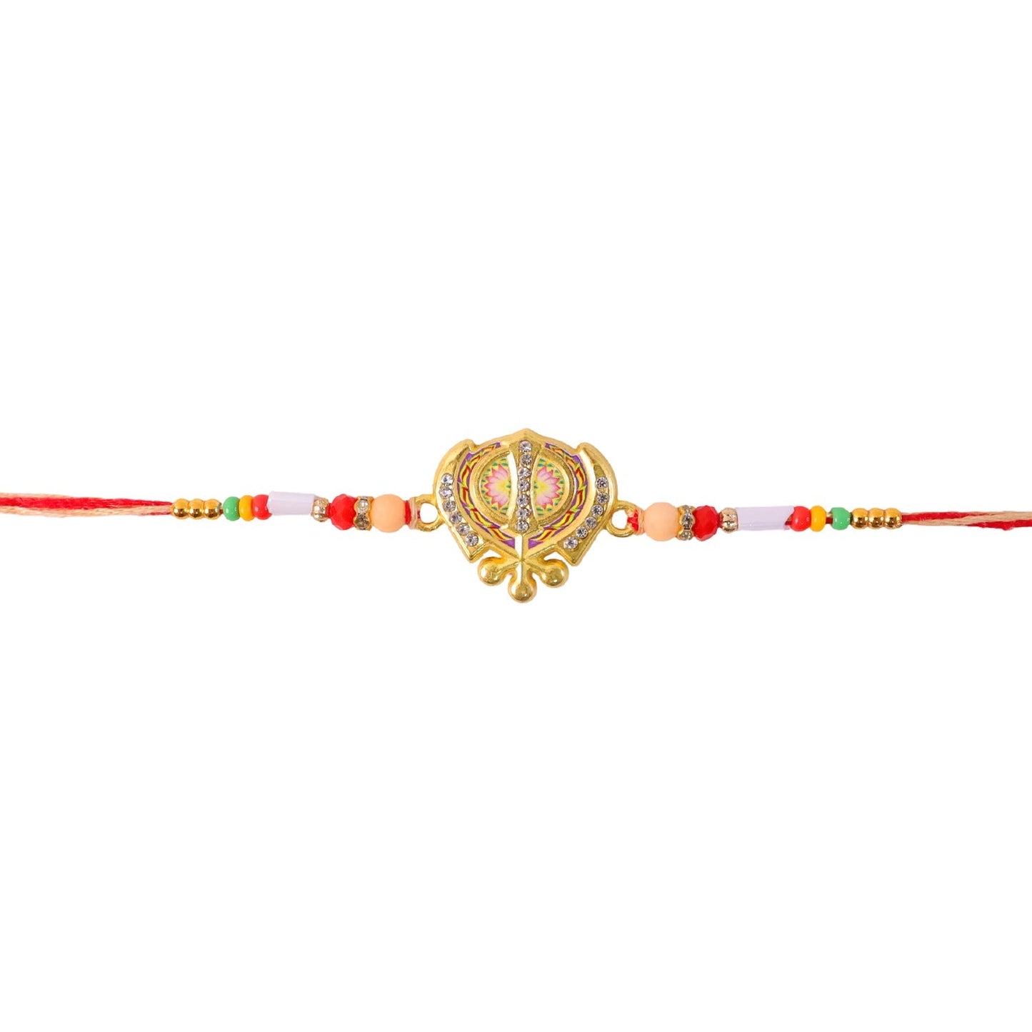 Multicolor enamel Khanda Rakhi with studded stone embellishments.
