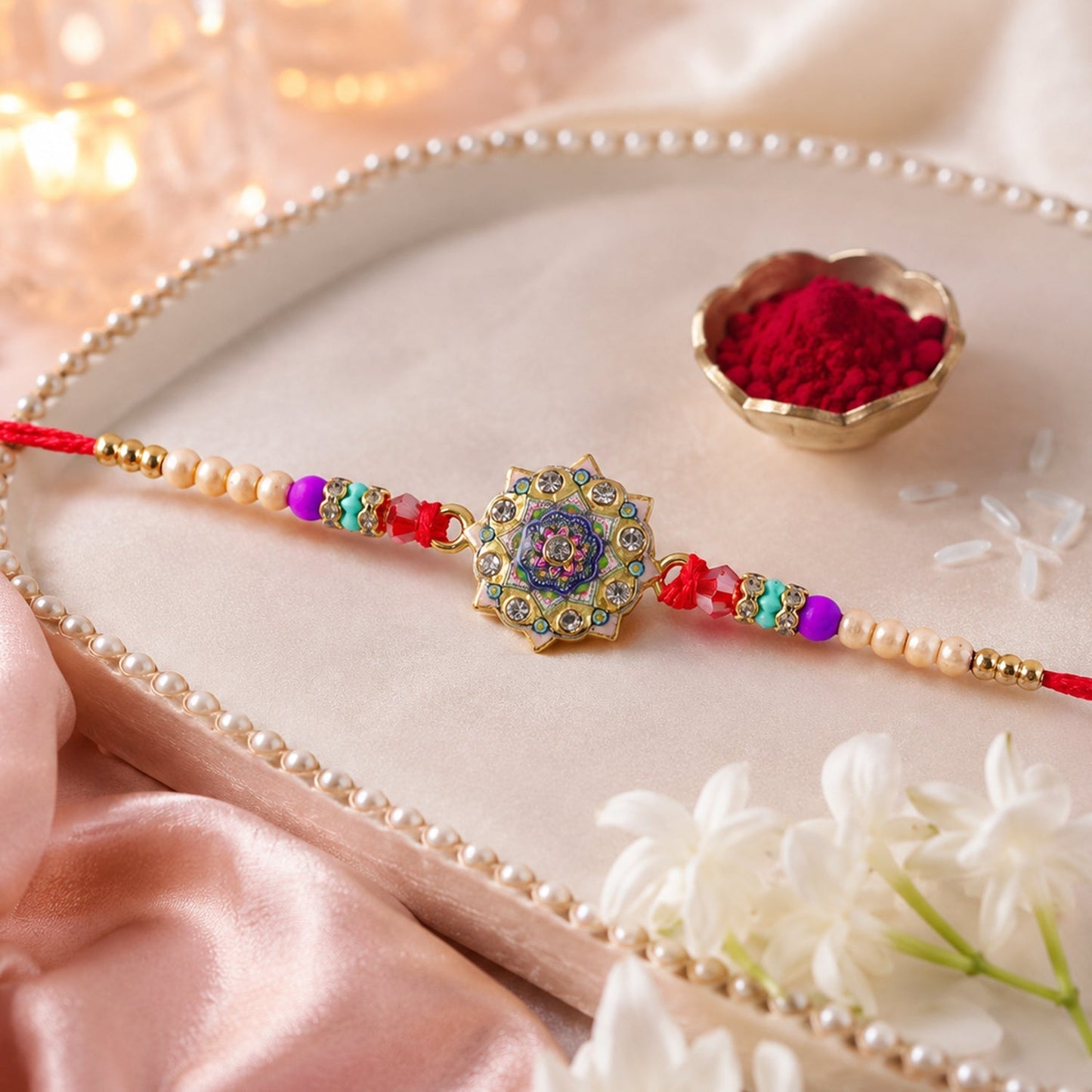 Side view highlighting the craftsmanship of this designer Rakhi.
