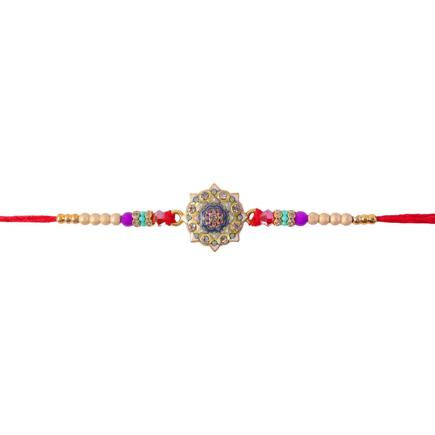 Detailed view of multicolor enamel work on the Rakhi.