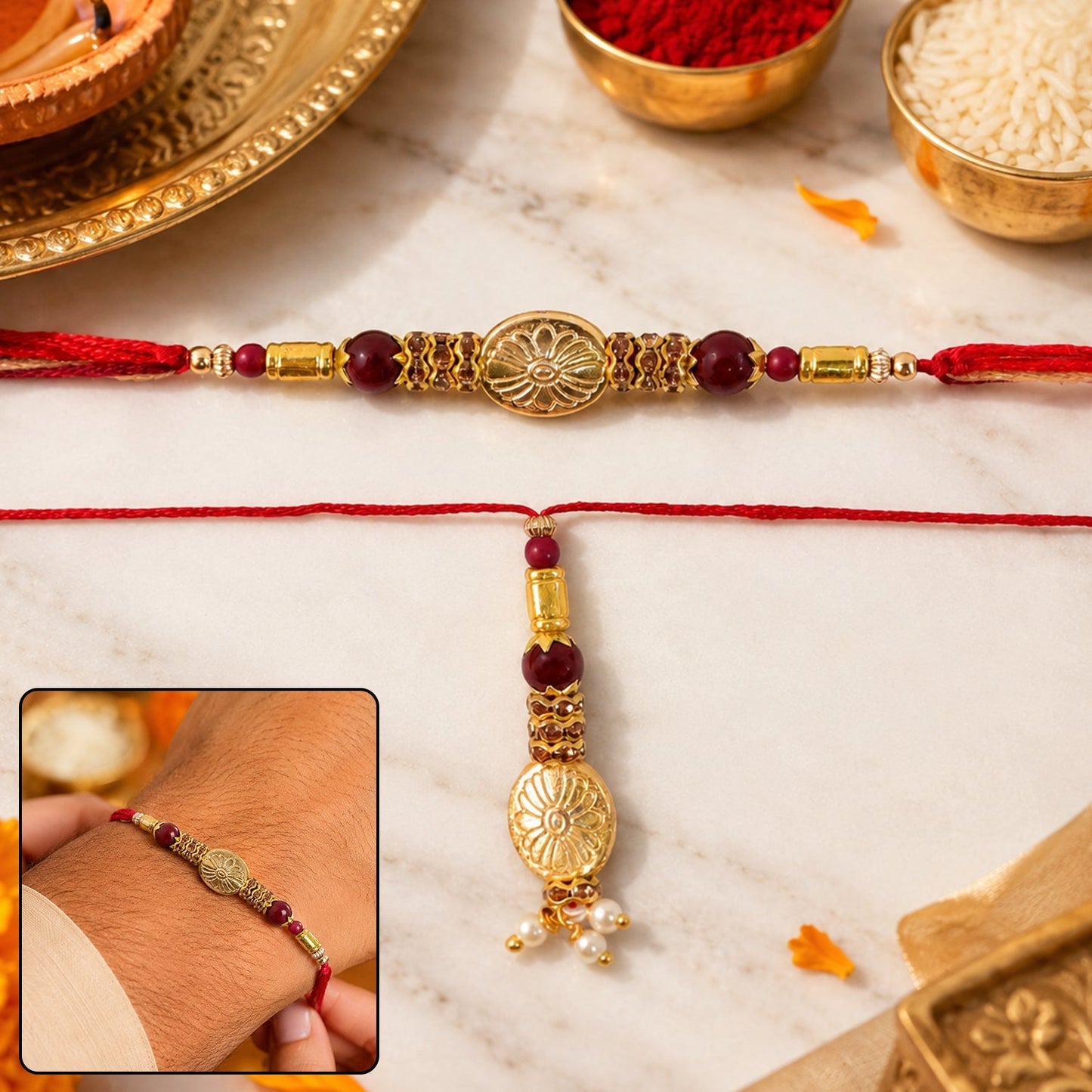 Elegant floral gold-tone Lumba Rakhi set for Bhabhi, displayed on a festive background.