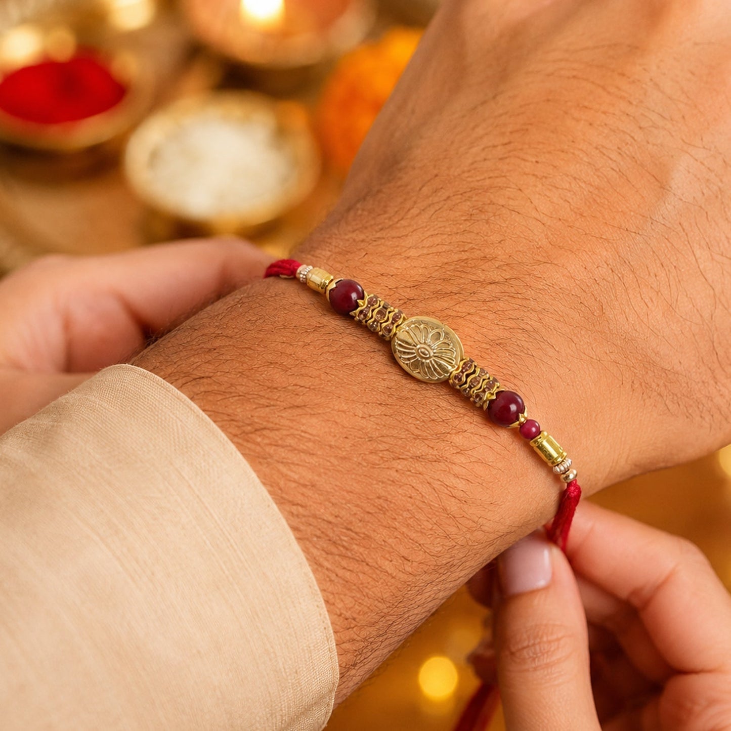 Close-up of the intricate floral gold-tone charm on the Lumba Rakhi.