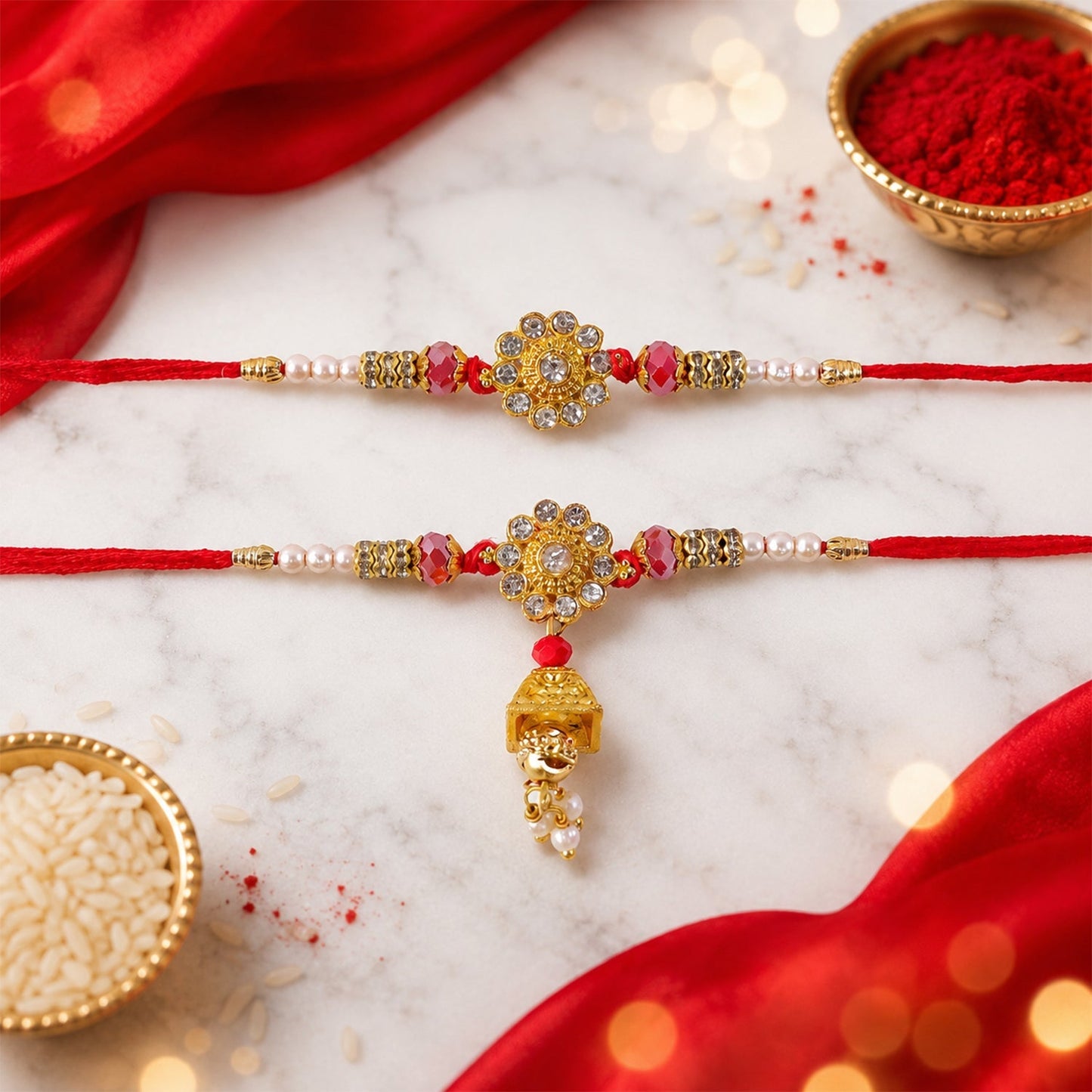 Elegant traditional rakhi with vibrant beads and gold accents, perfect for brothers