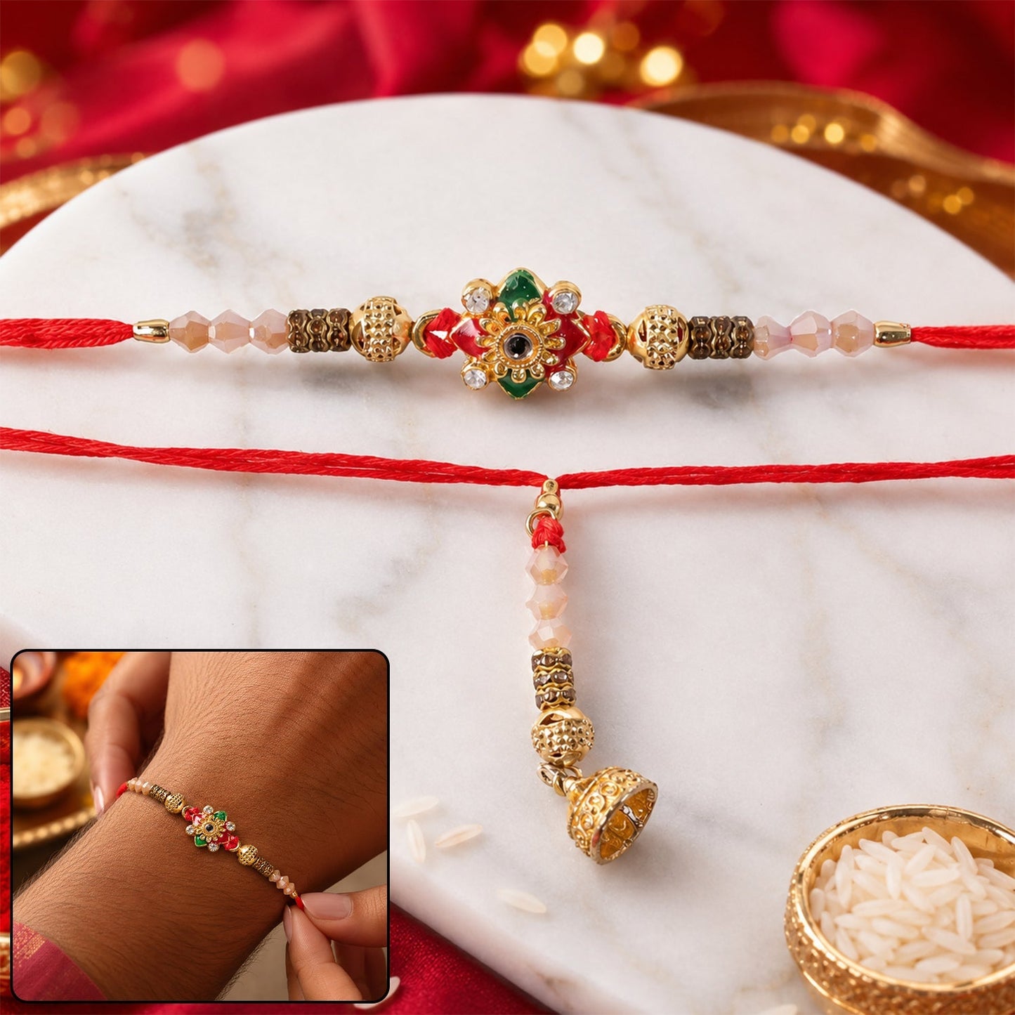 Colorful enamel floral Bhaiya Bhabhi Rakhi with crystal beads and golden finish.