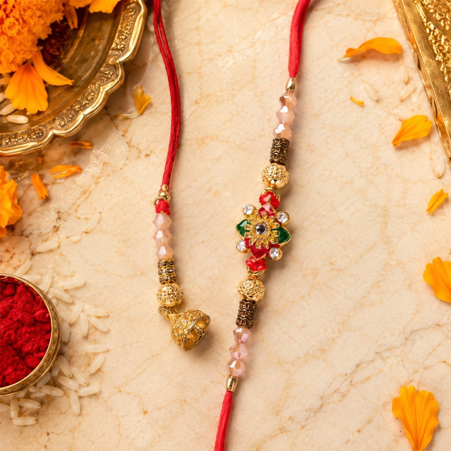 Vibrant floral design Bhaiya Bhabhi Rakhi with crystal embellishments.