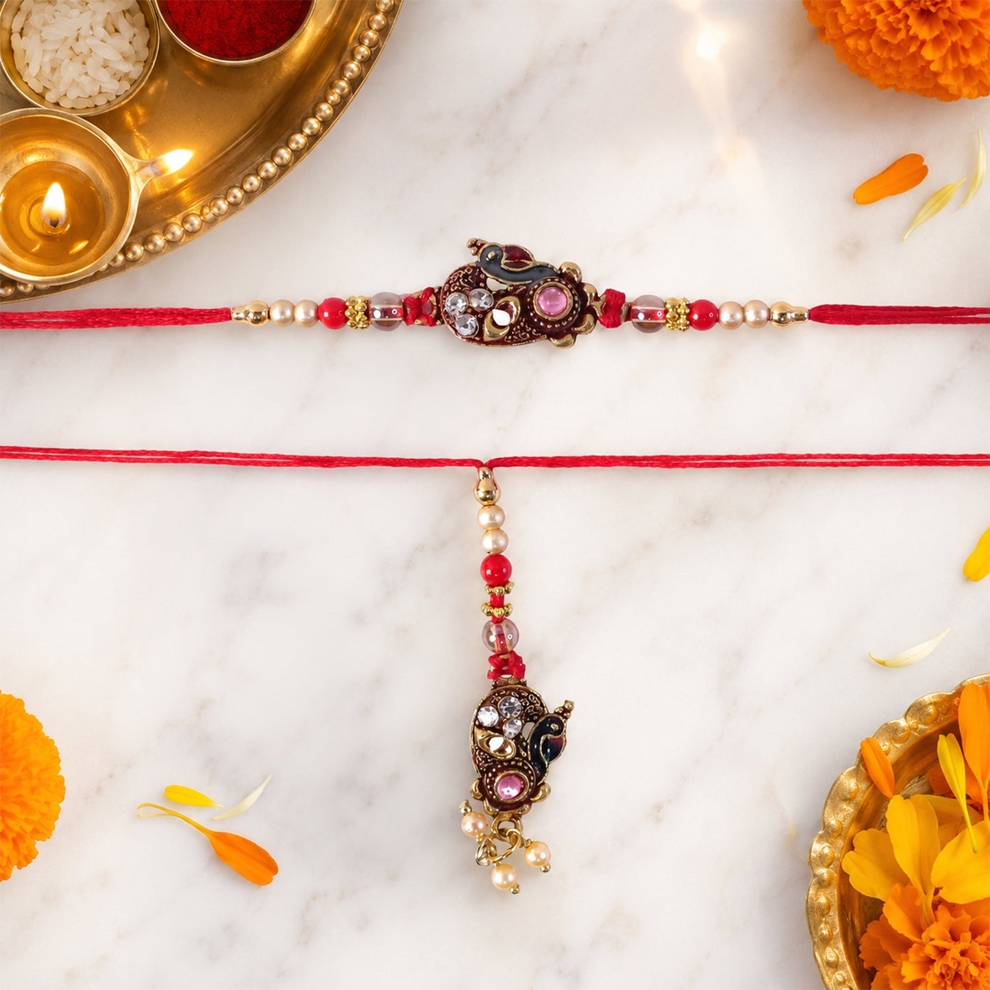 Close-up of sparkling stones and craftsmanship on peacock-themed Lumba Rakhi.