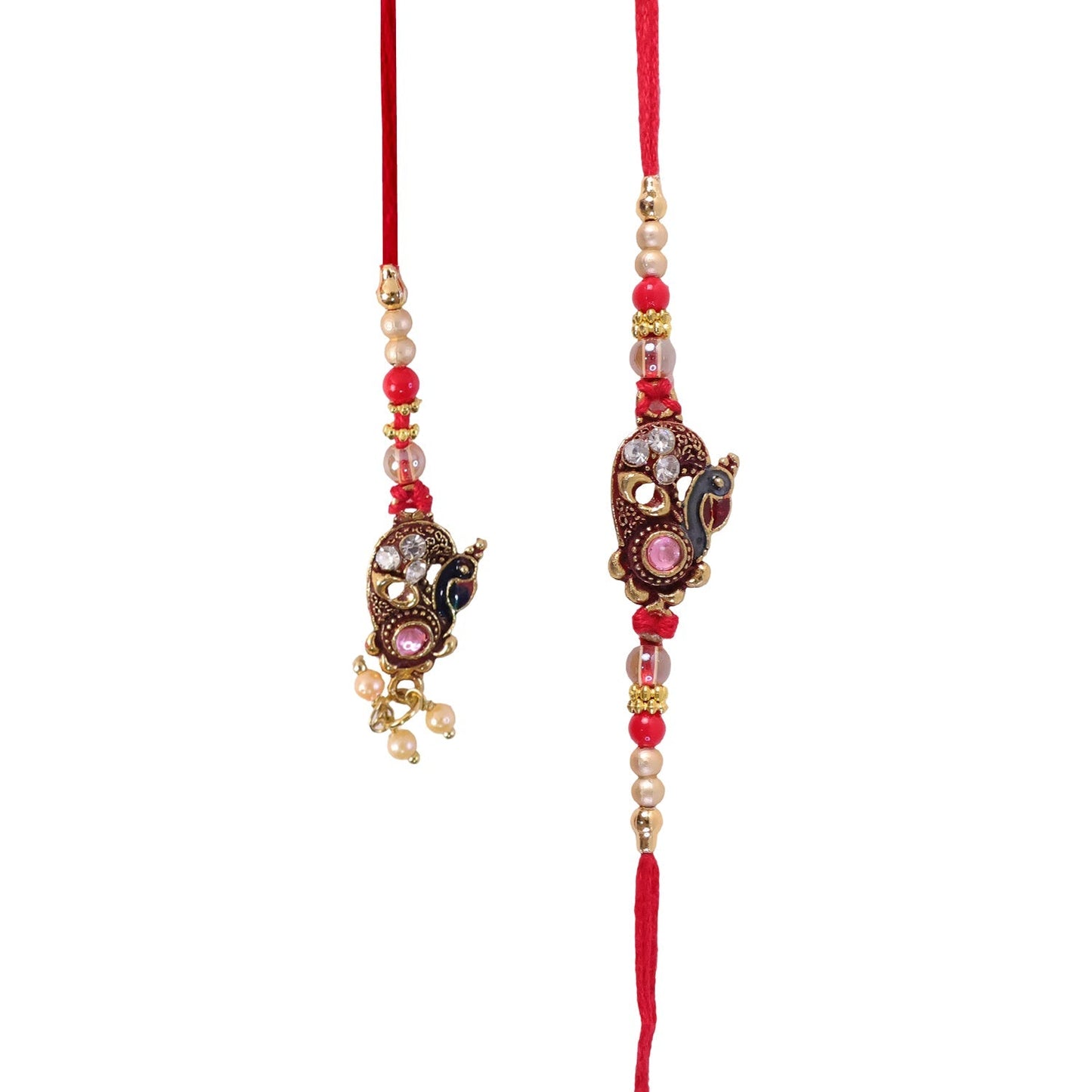 Angled shot of the antique peacock Lumba Rakhi showcasing festive charm.