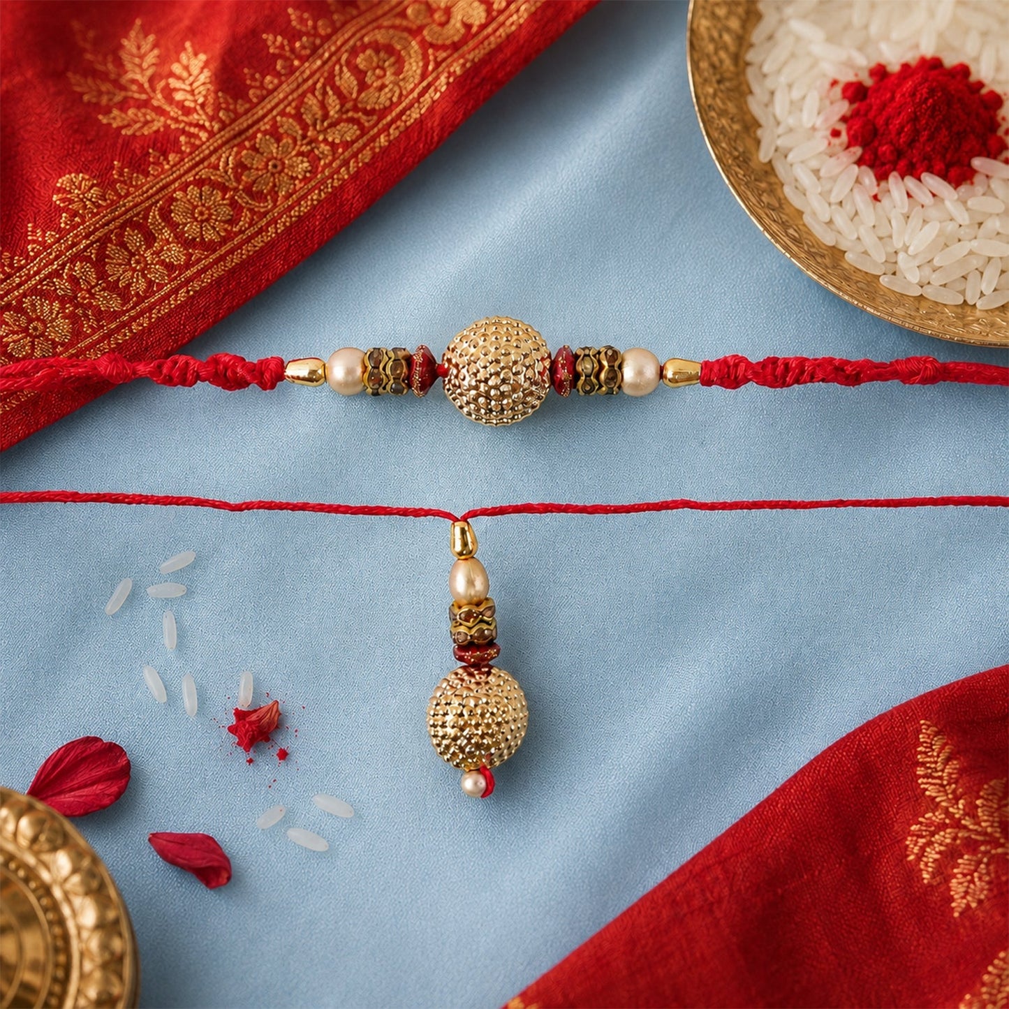 Front view of Bhaiya Bhabhi Rakhi Set with golden pearls and textured accents.