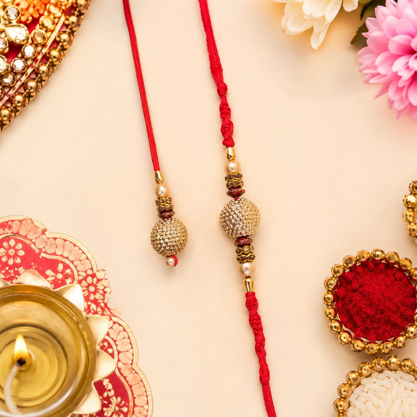 Close-up of the Lumba Rakhi for Bhabhi showcasing intricate golden design.