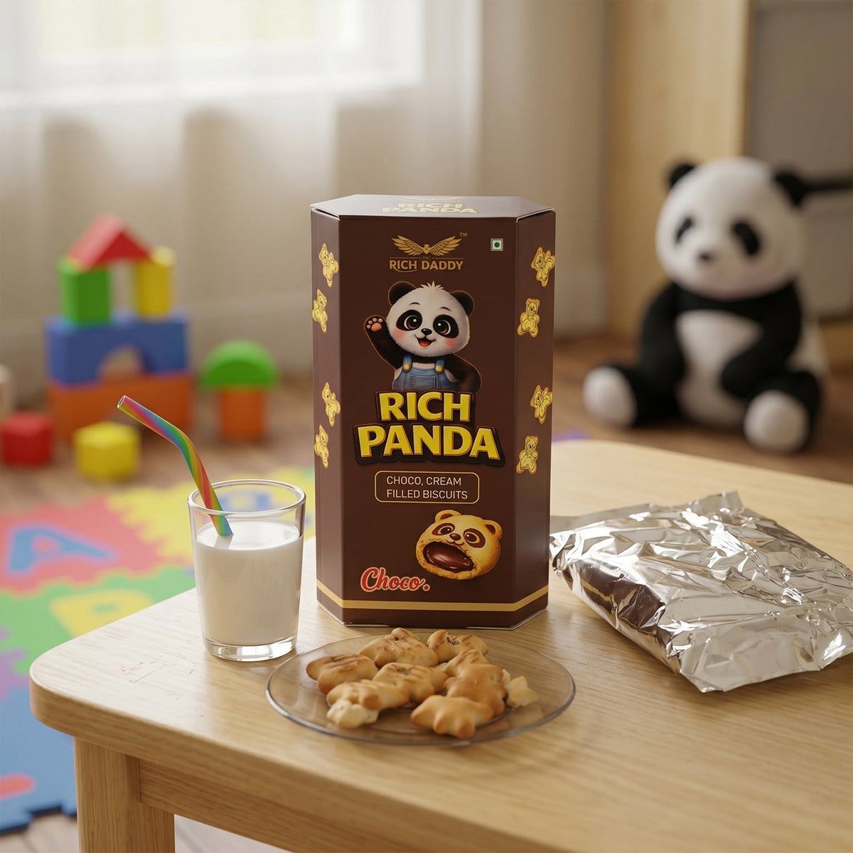 A brown biscuit box and a plate of biscuits are on a table with a glass of milk and a panda toy.