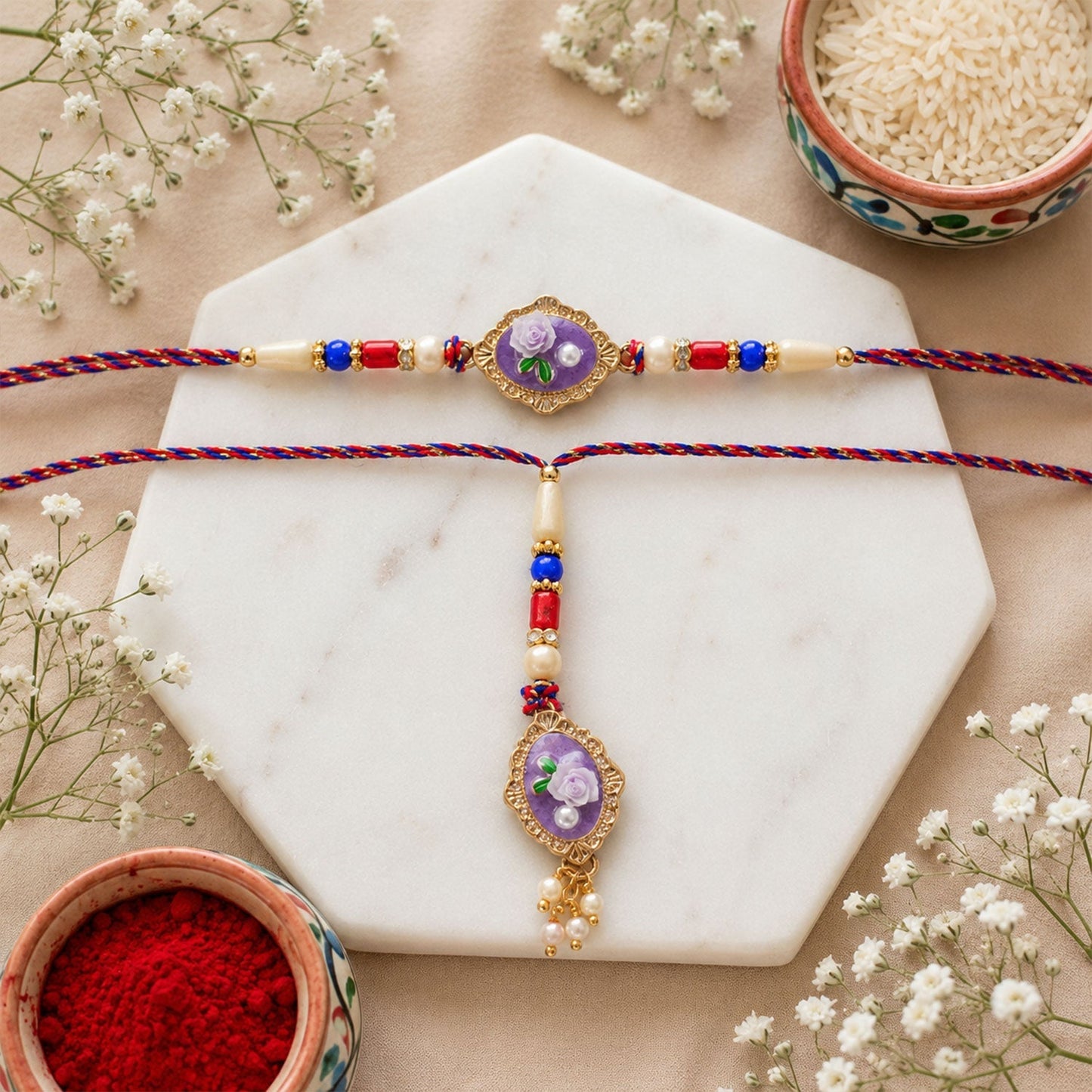 Beautiful designer Bhaiya Bhabhi rakhi with rose enamel and pearl details