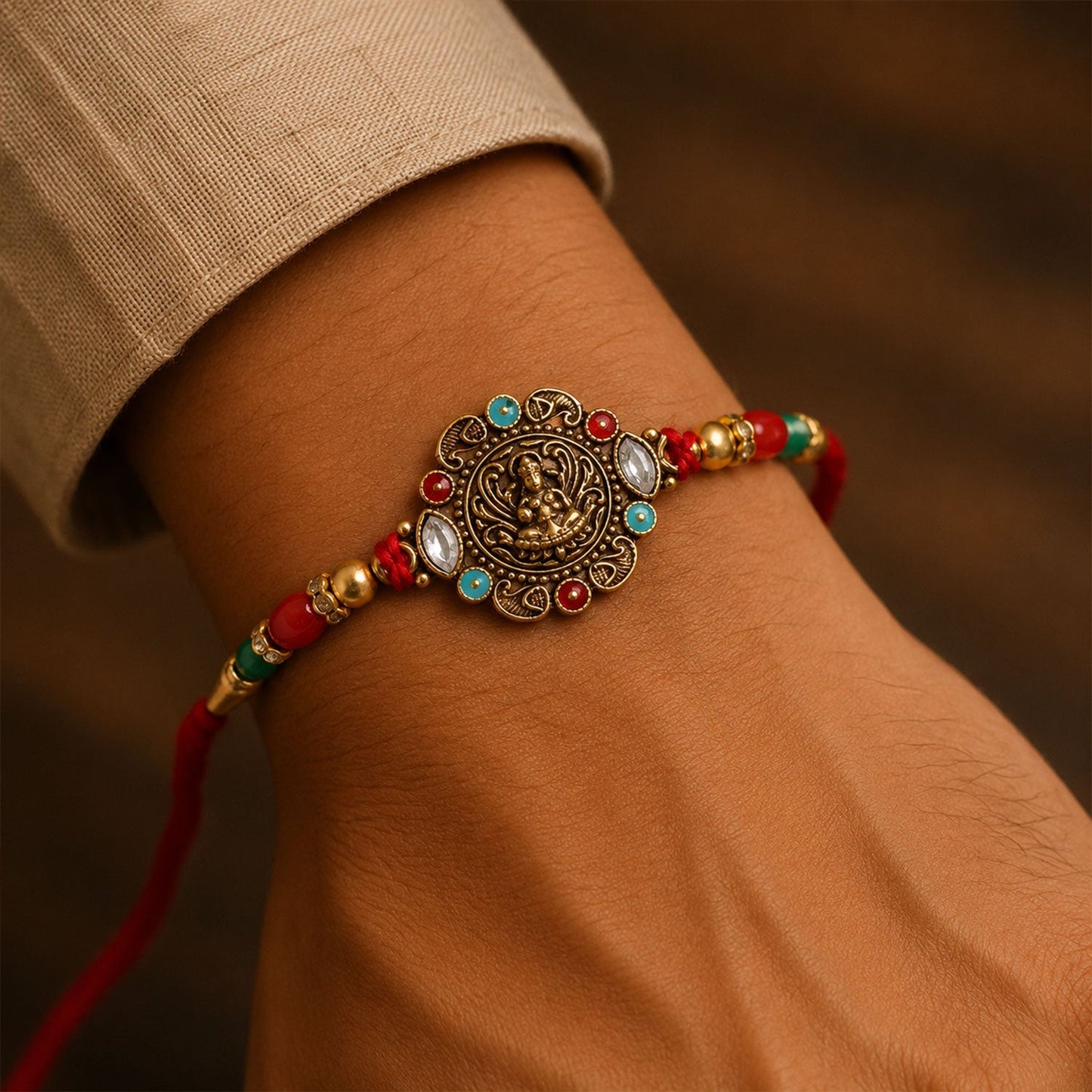 Vibrant red and green bead rakhi with divine kundan stones, ideal for brothers of all ages.