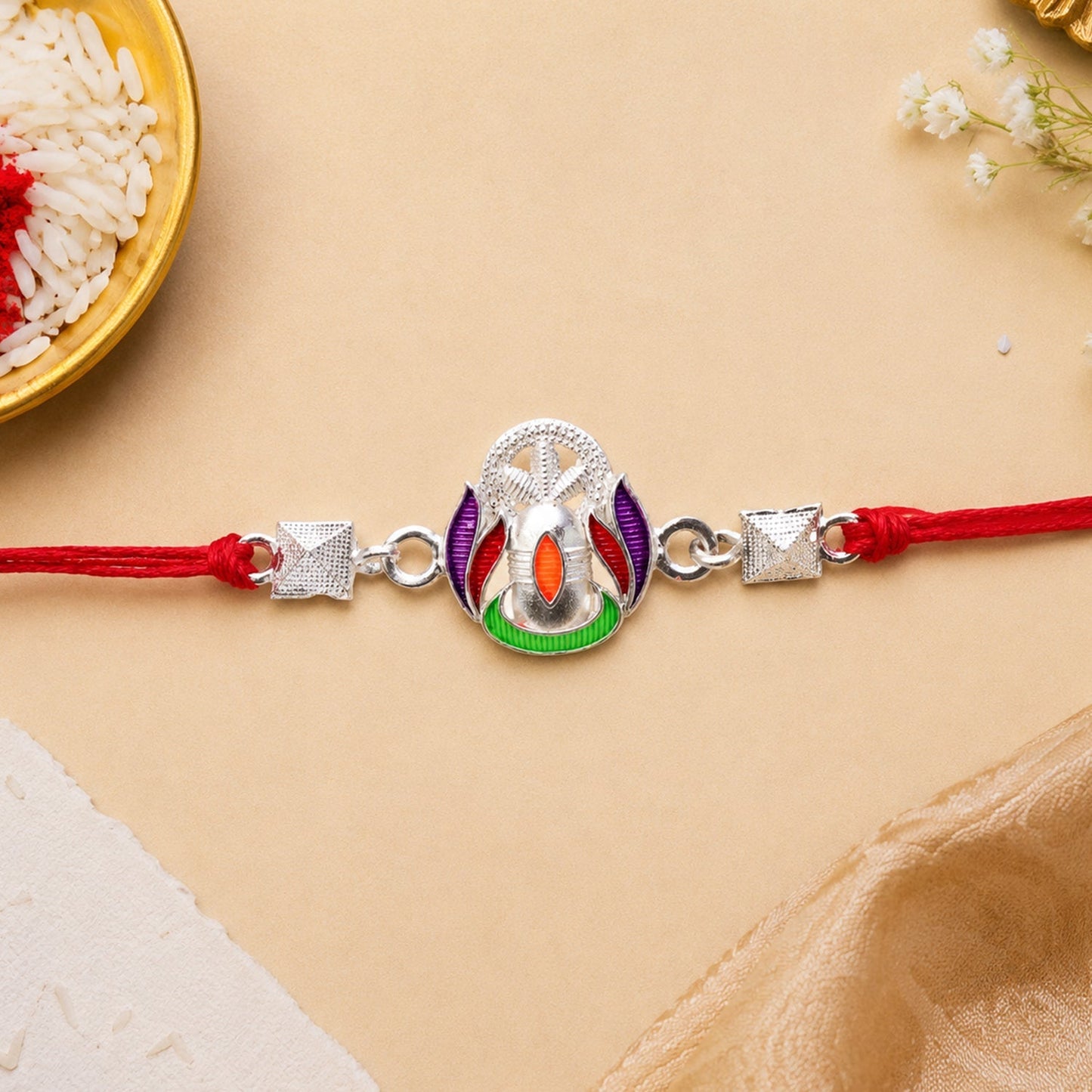 Colorful multicolor enamel finish on Silver Shivling Rakhi
