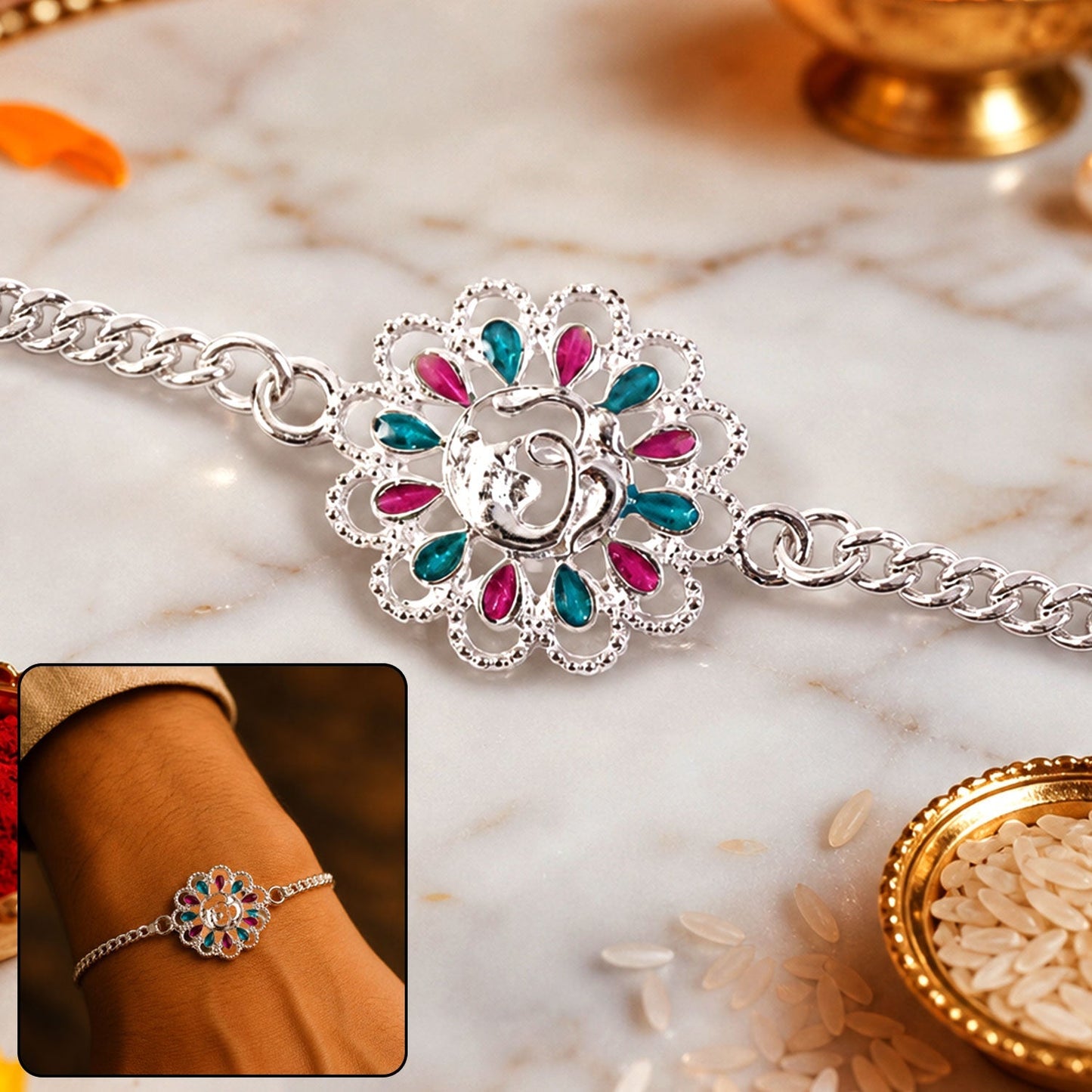 Close-up of Silver floral Om enamel chain bracelet for Rakhi