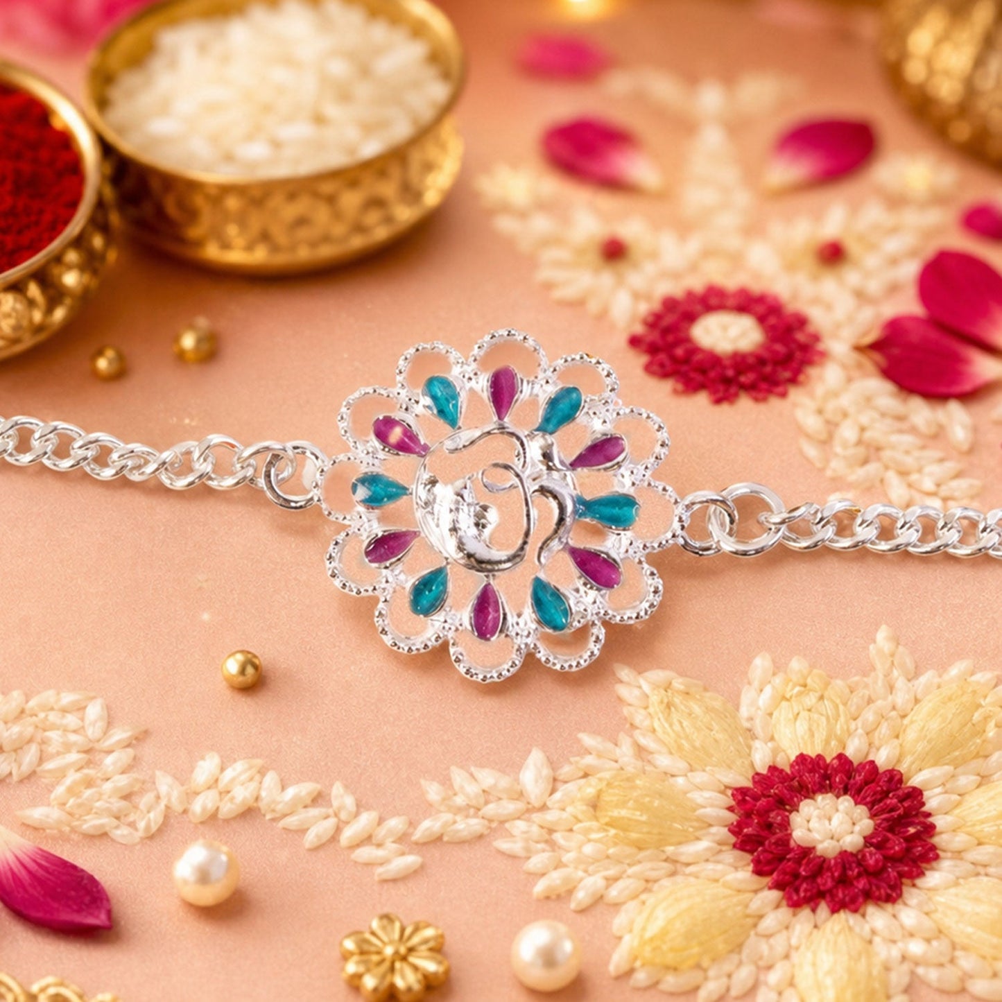 Elegant Silver floral Om enamel bracelet on display