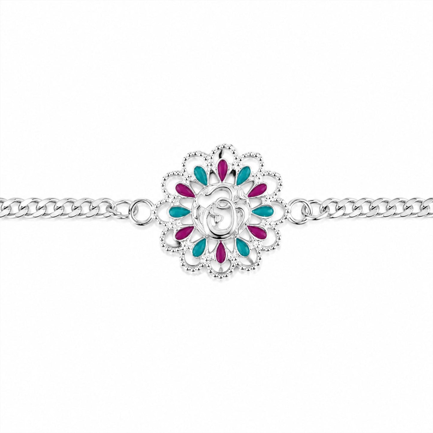 Beautiful Silver floral Om Rakhi for brothers