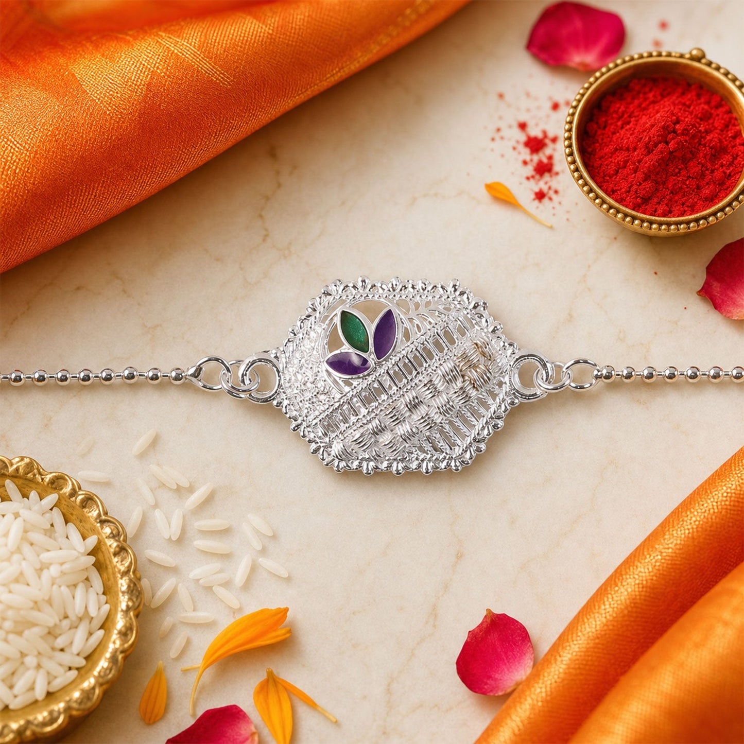 Stylish bracelet with enamel accents on a festive Rakhi display