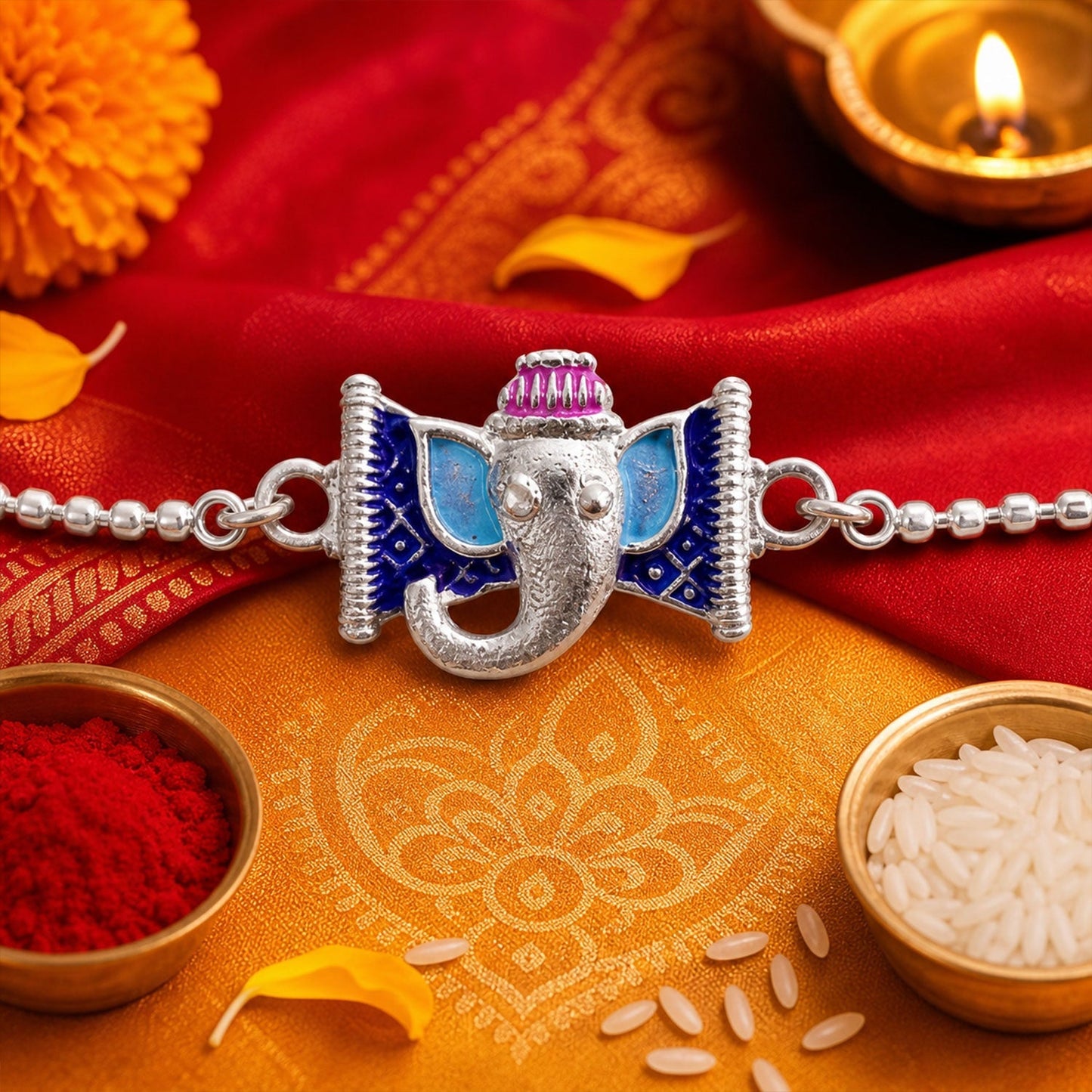 Silver Ganesha enamel chain bracelet with Lord Ganesha motif for Raksha Bandhan