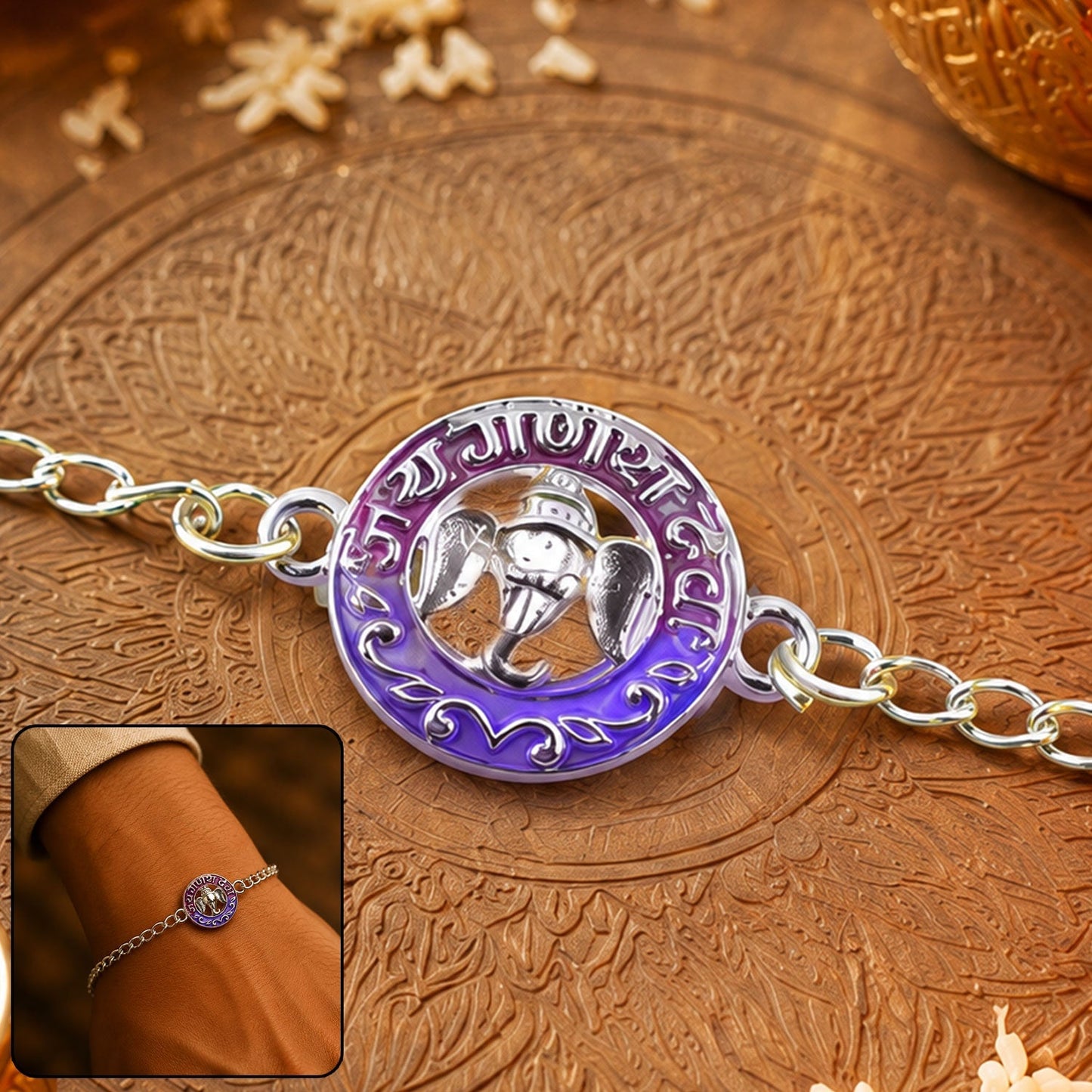 Silver Ganesha enamel chain bracelet, perfect for Raksha Bandhan gift