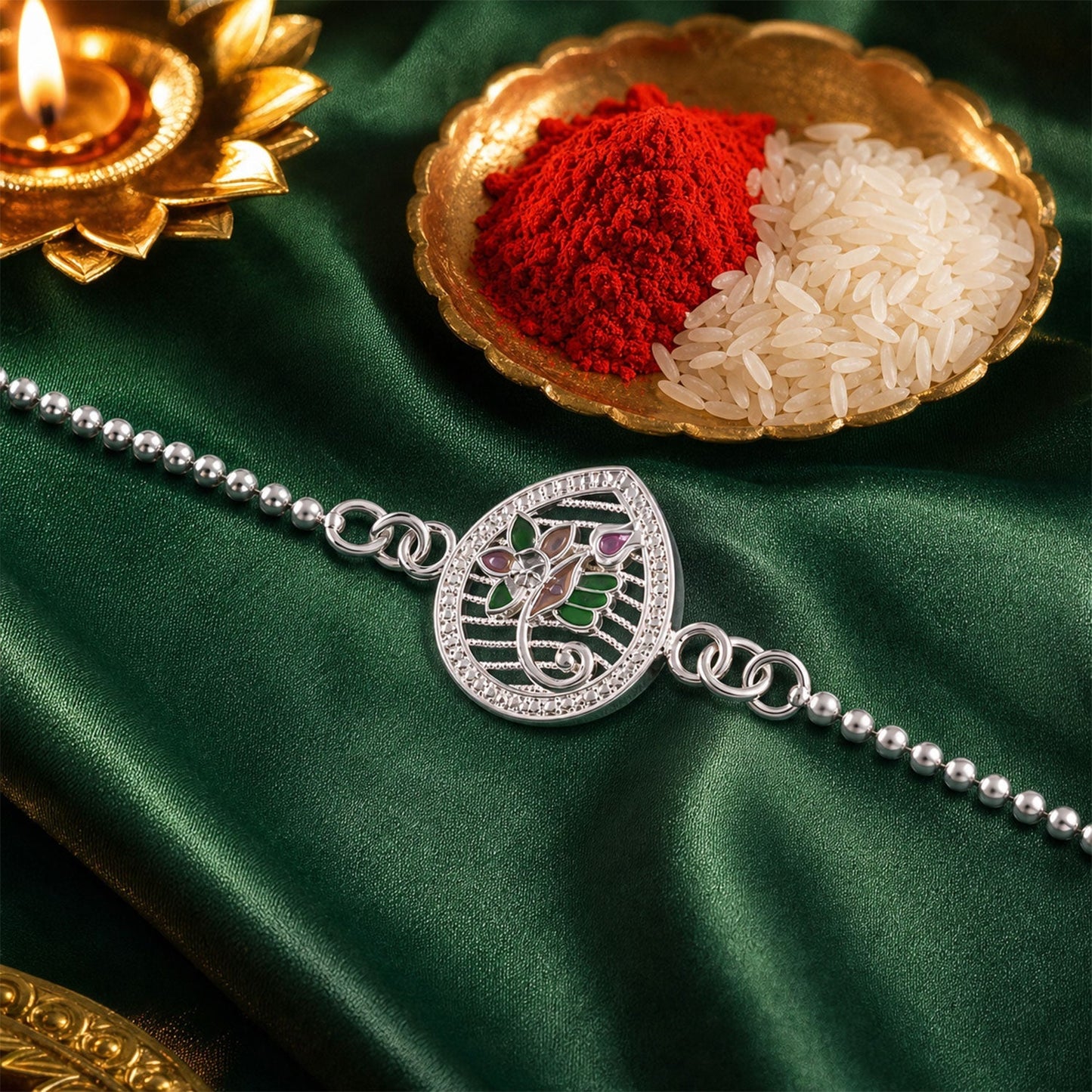 Elegant silver floral enamel design Rakhi with intricate motifs