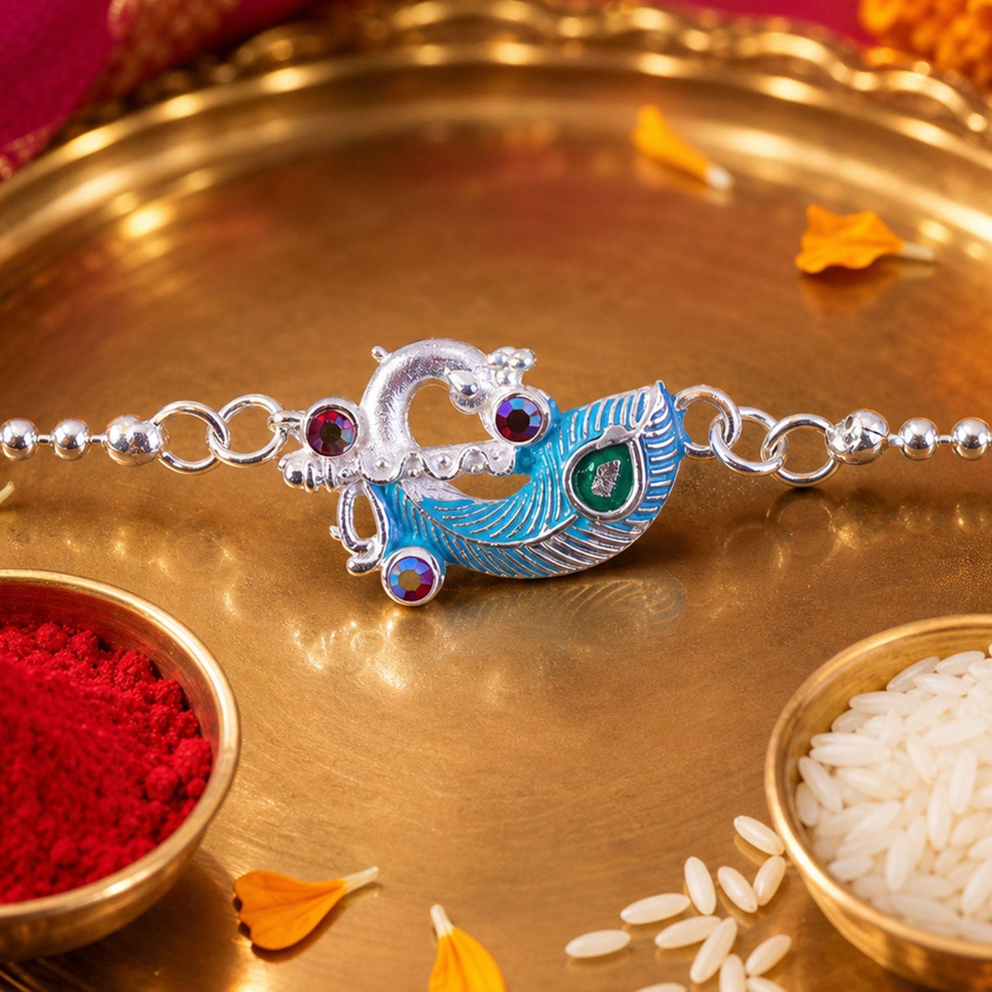 Silver peacock enamel bracelet featuring vibrant details, perfect for Raksha Bandhan celebration.