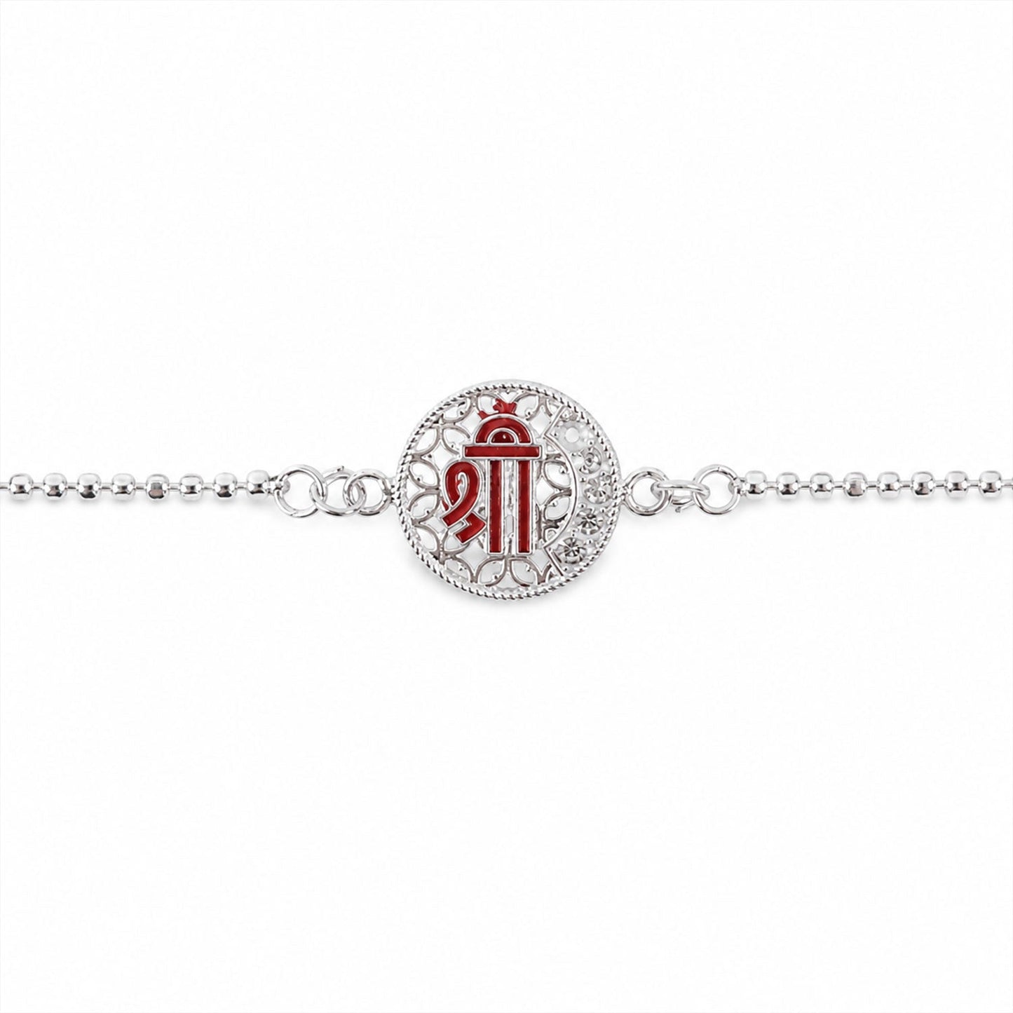 Elegant Silver Chain Rakhi with enamel work and stones, suitable for elder and younger brothers