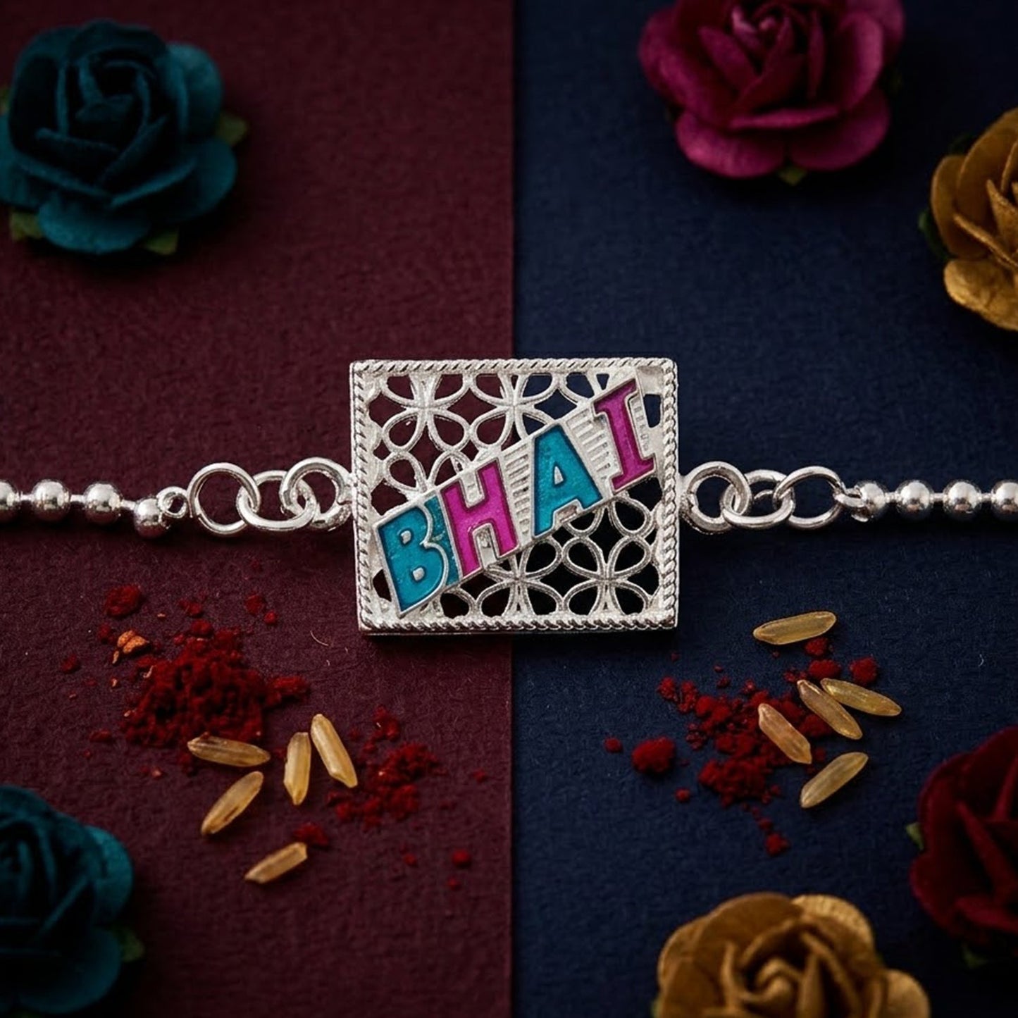 Elegant brother's Rakhi with enamel square charm on durable chain