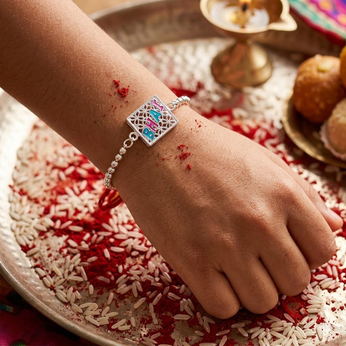 Beautiful enamel square charm chain bracelet rakhi on festive background