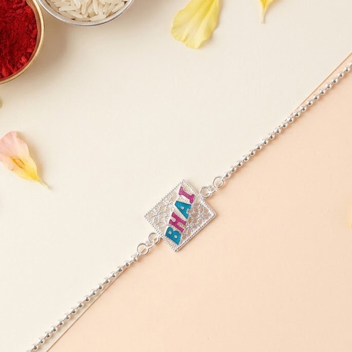 Stylish Bhai Text Enamel Square Charm Chain Rakhi