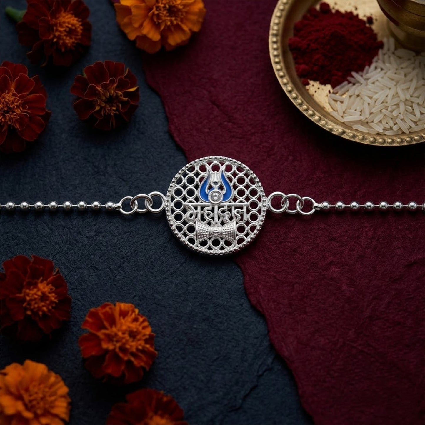 Elegant Mahakal Trishul Rakhi for siblings during Raksha Bandhan