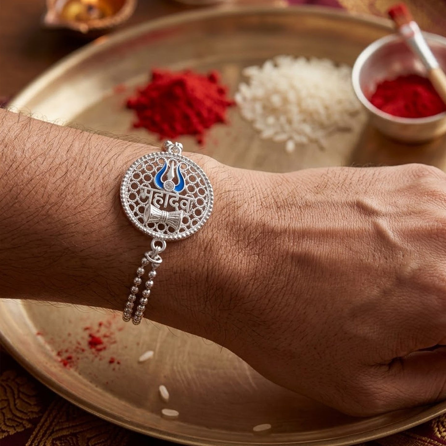 Colorful Mahakal Trishul Rakhi symbolising divine protection
