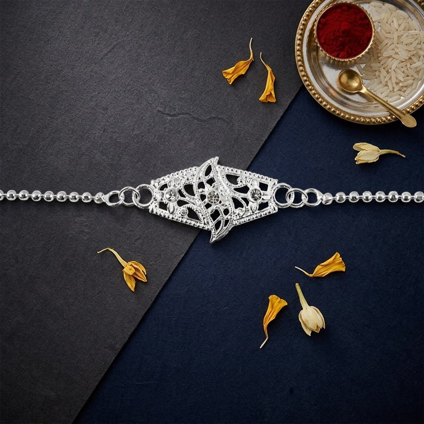 Beautiful diamond leaf Rakhi with premium stone embellishments