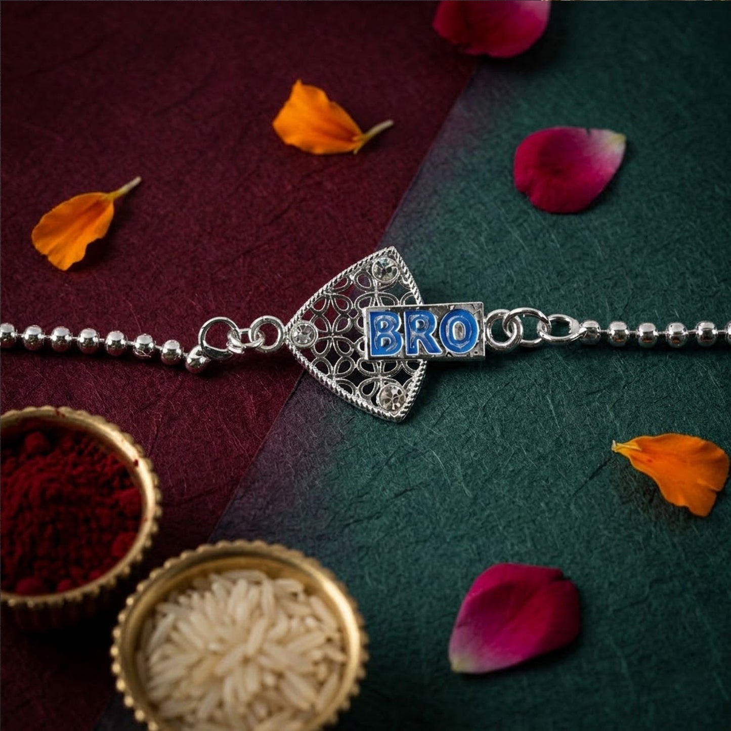 Elegant triangle stone-studded Rakhi with traditional appeal