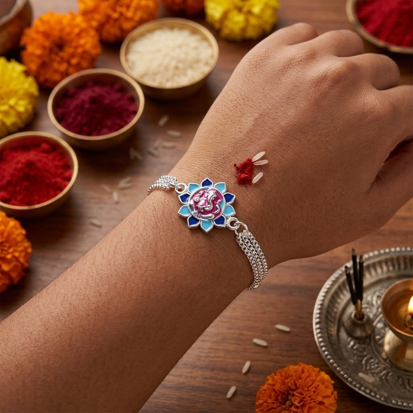 Colorful floral petal enamel design on Rakhi for Brothers
