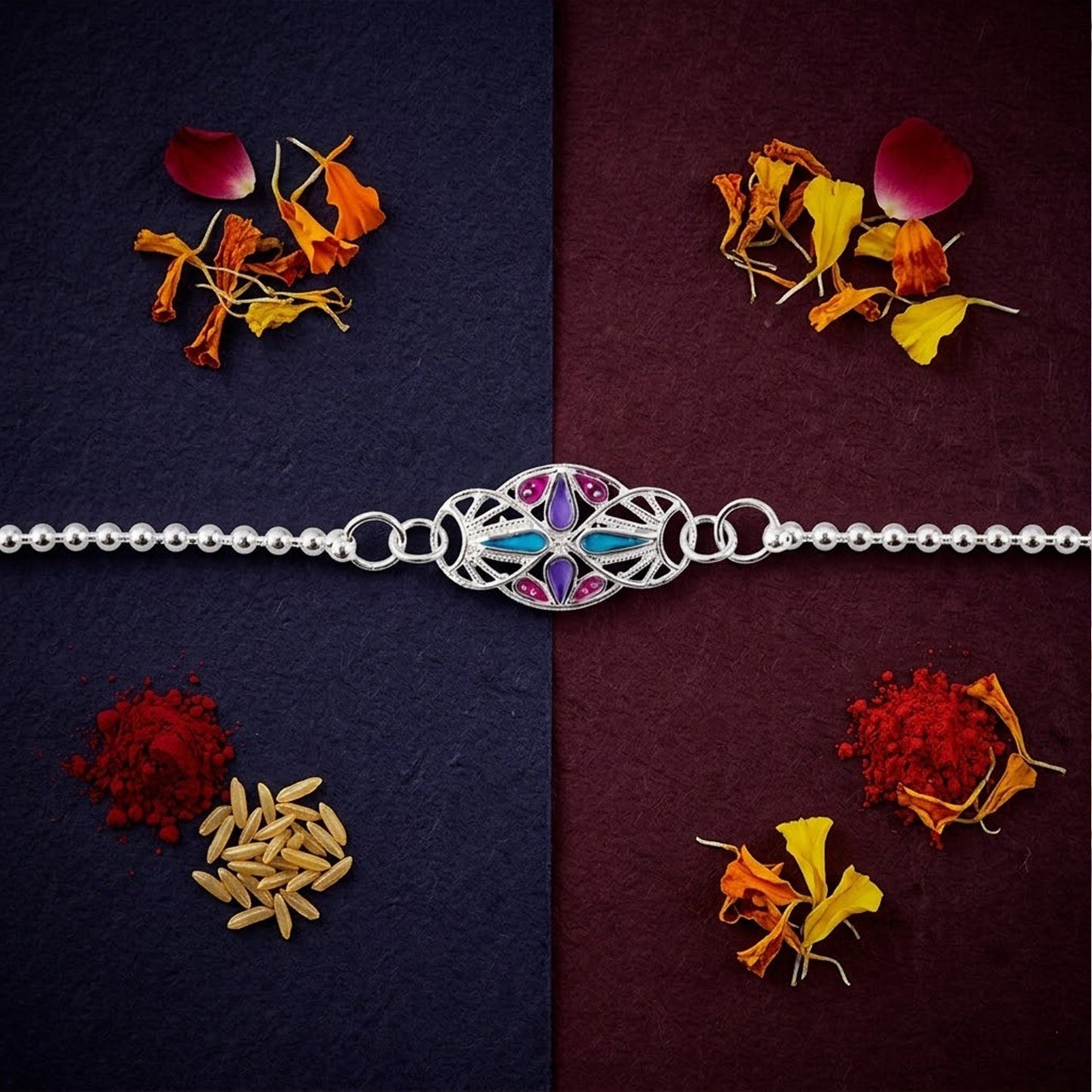 Close-up of elegant oval enamel rakhi with colorful charm for Raksha Bandhan.