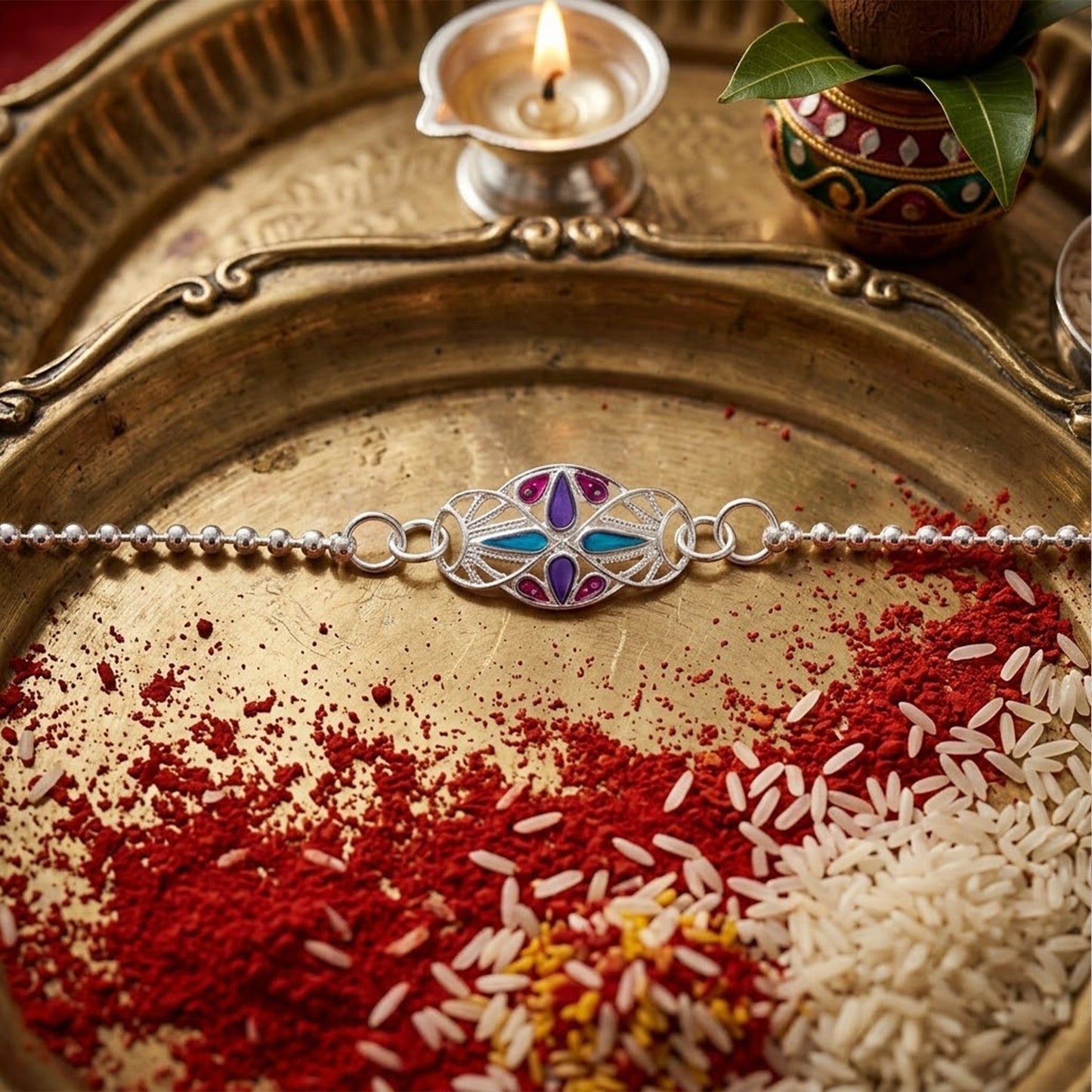 Beautiful design of enamel stone charm chain bracelet rakhi for brothers.