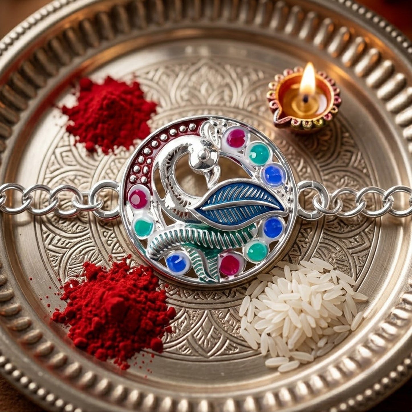 Vibrant peacock enamel stone chain rakhi with detailed design, perfect for Raksha Bandhan gift