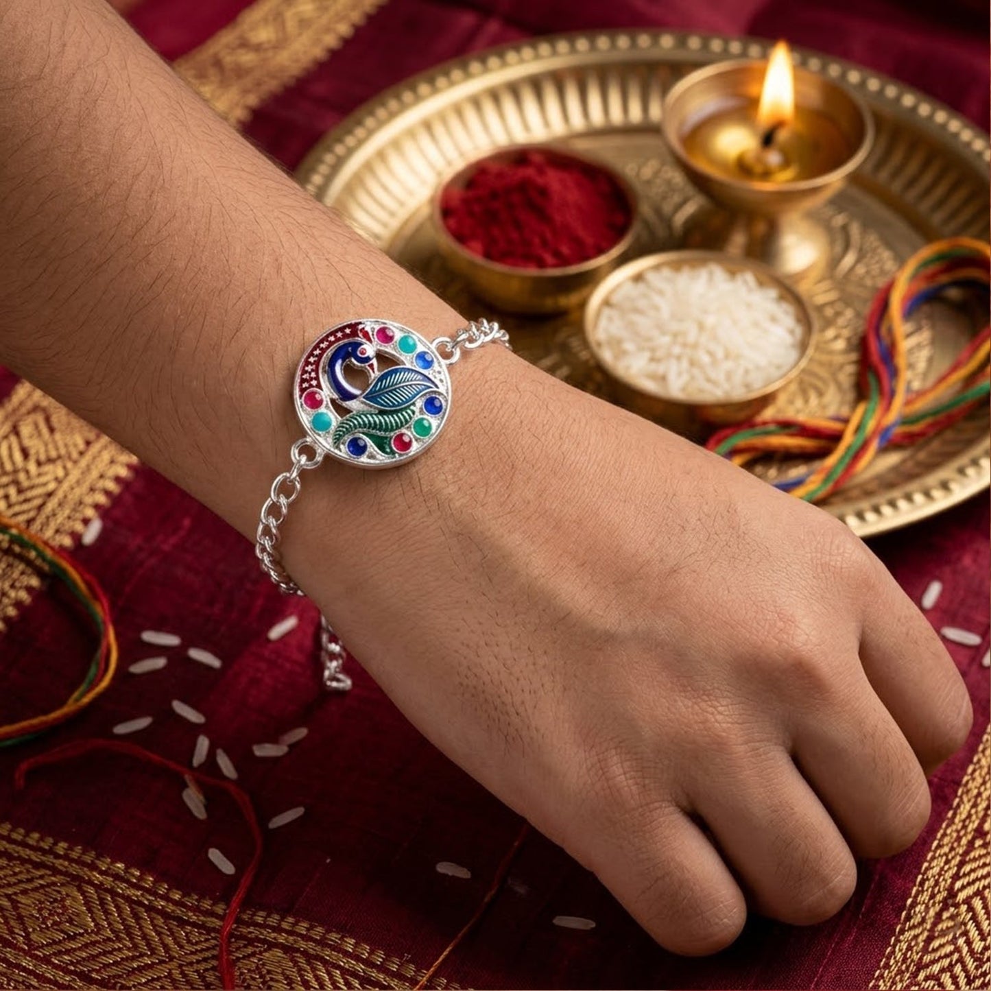 Close-up of the colorful peacock motif with enamel and stone detailing on the rakhi