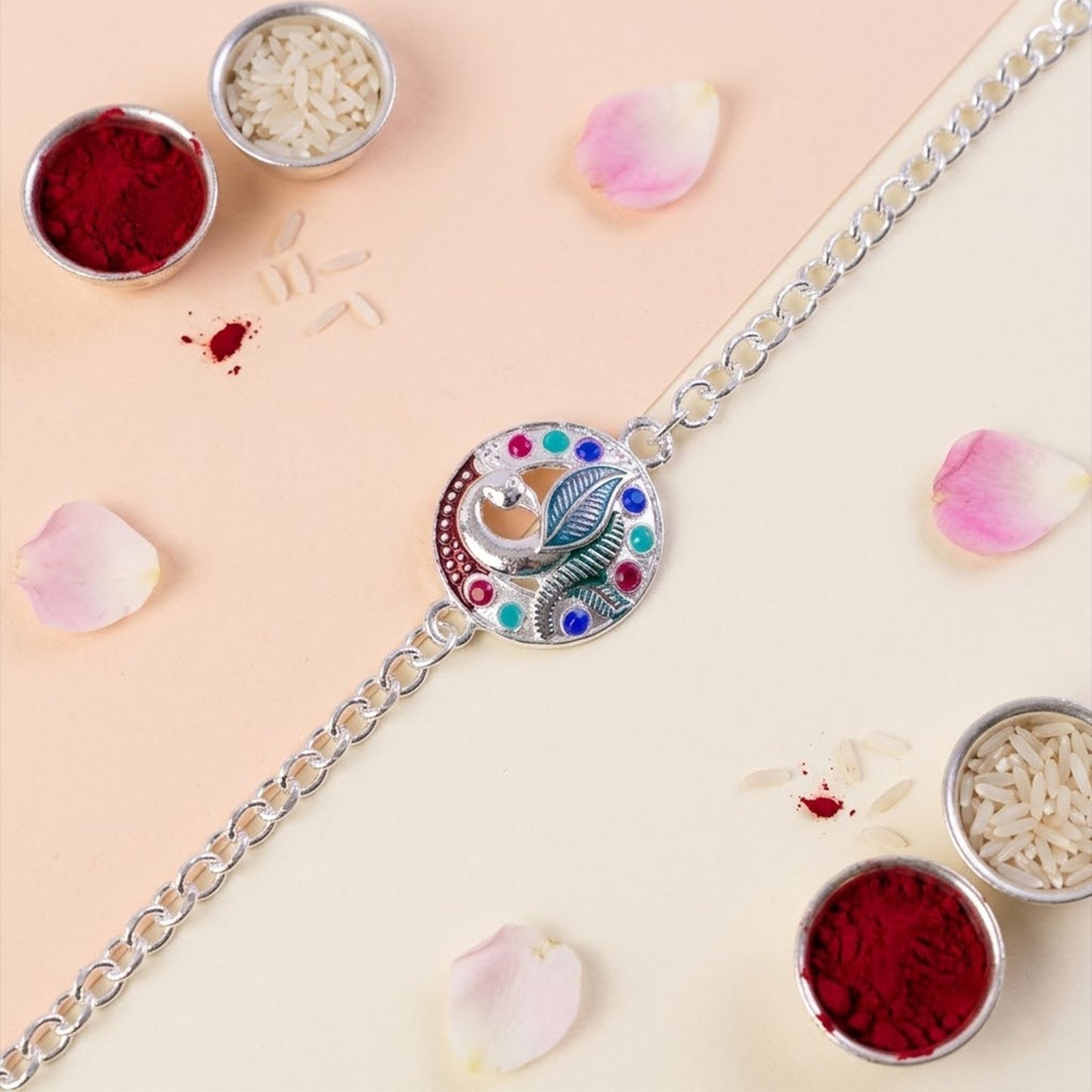 Stylish peacock design rakhi with premium thread, suitable for all ages