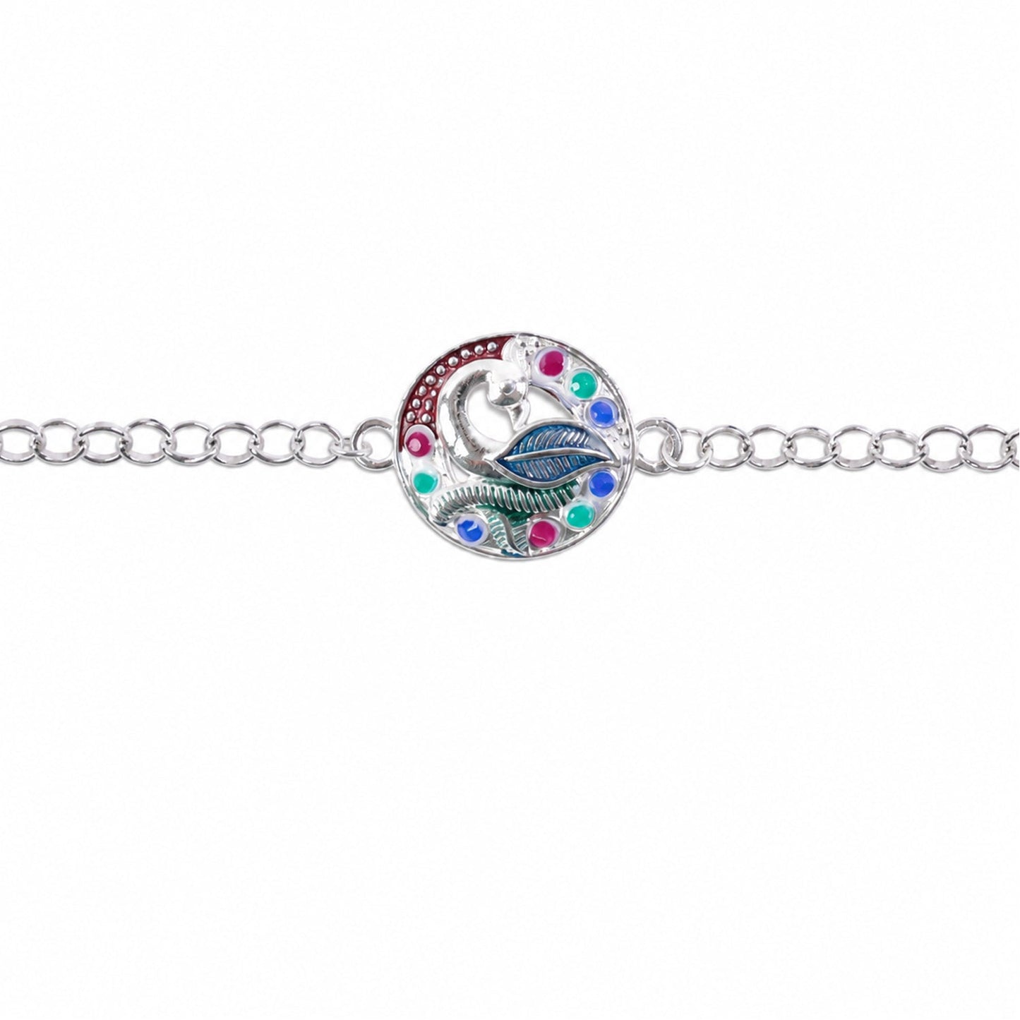 Beautifully crafted peacock enamel stone chain rakhi, ideal for brothers on Raksha Bandhan