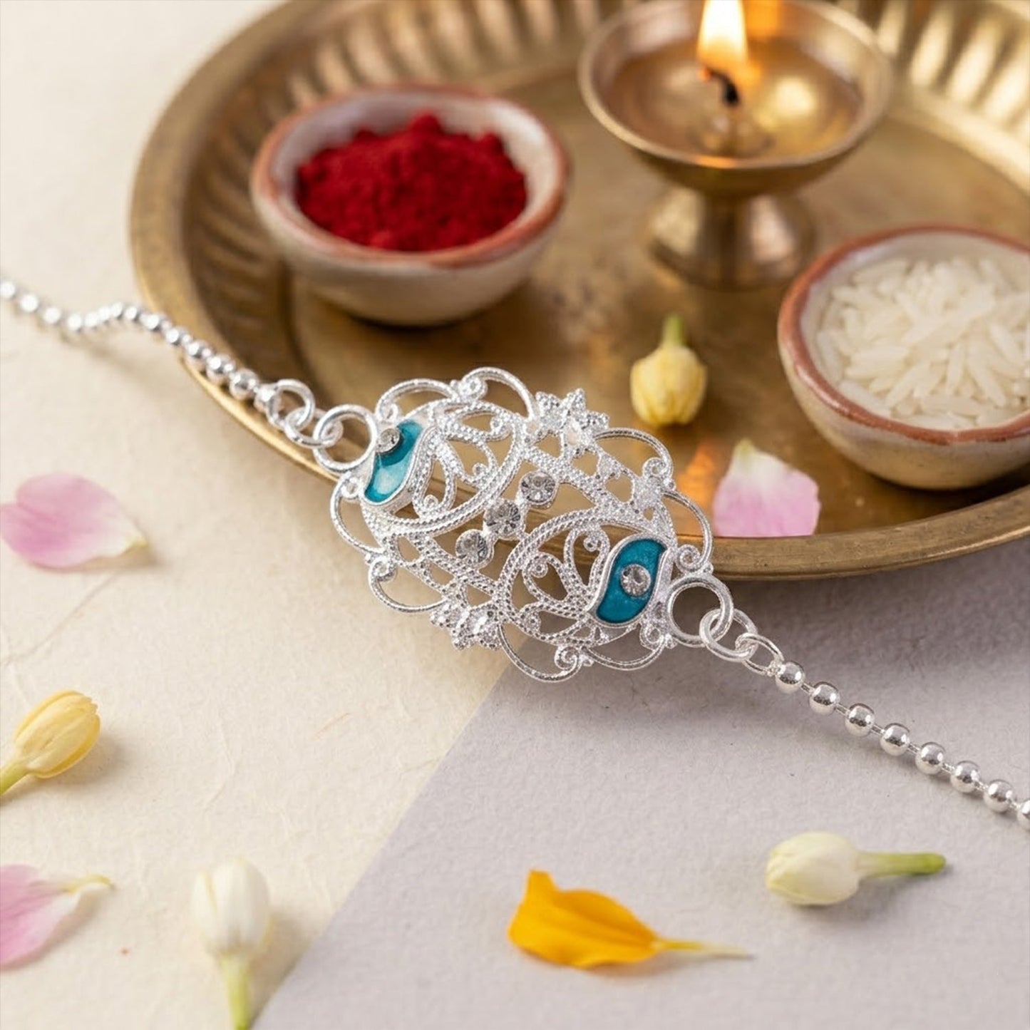 Elegant oval enamel stone charm Rakhi with intricate design for brothers