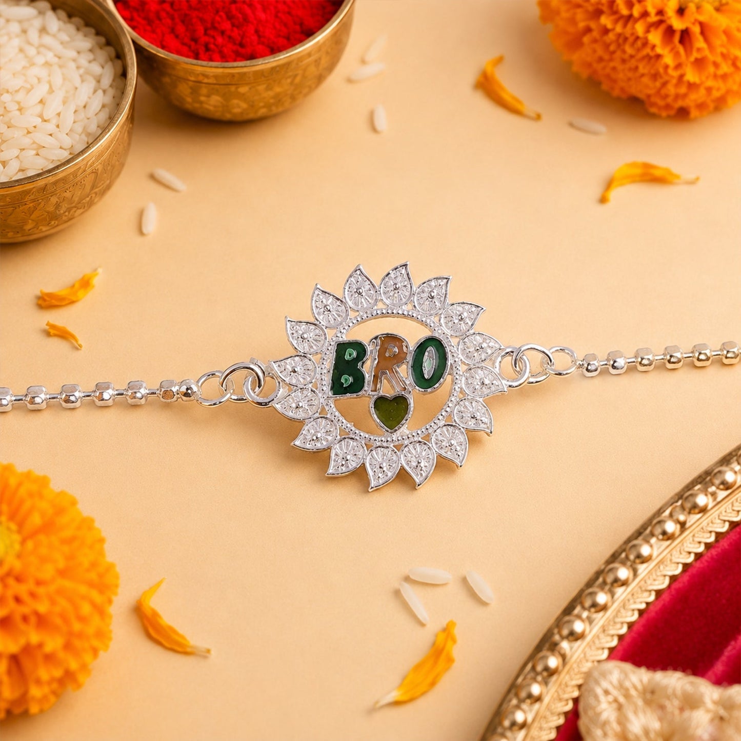 Close-up of a stylish bro text round flower stone-studded Rakhi