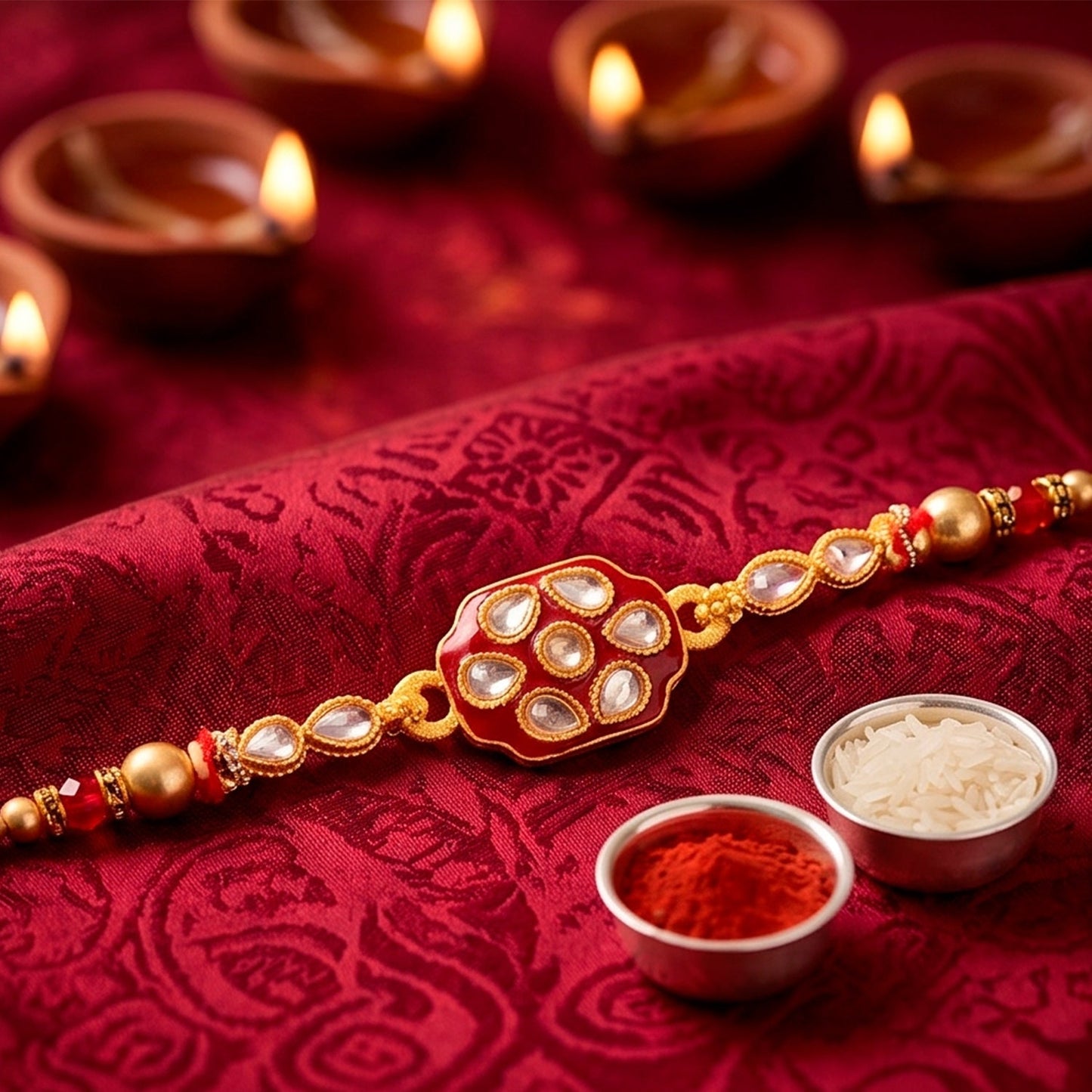 Oval Kundan Multi Stone Enamel Charm Pearl Bead Thread Rakhi for Brother