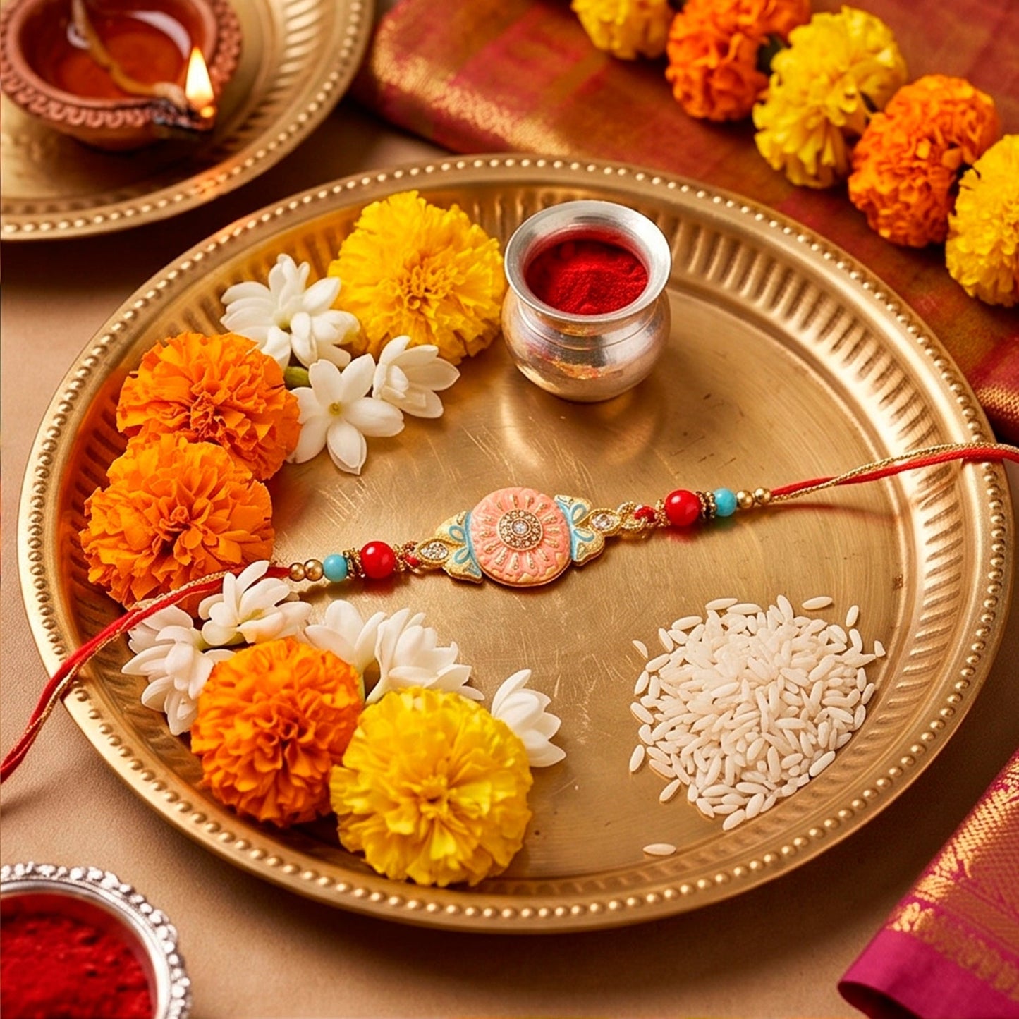 Round Enamel Floral Charm Fancy Bead Tassel Thread Rakhi for Brother