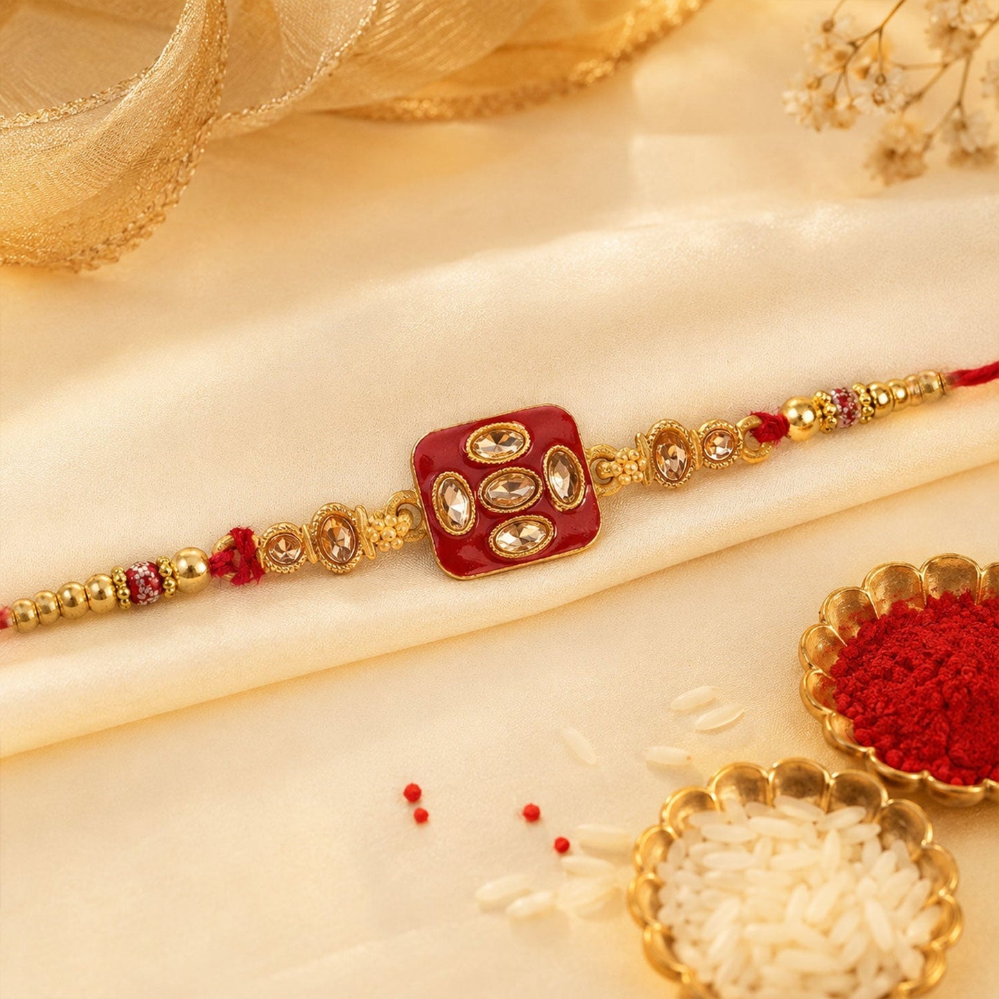 Square Kundan Multi Stone Enamel Charm Pearl Bead Thread Rakhi for Brother
