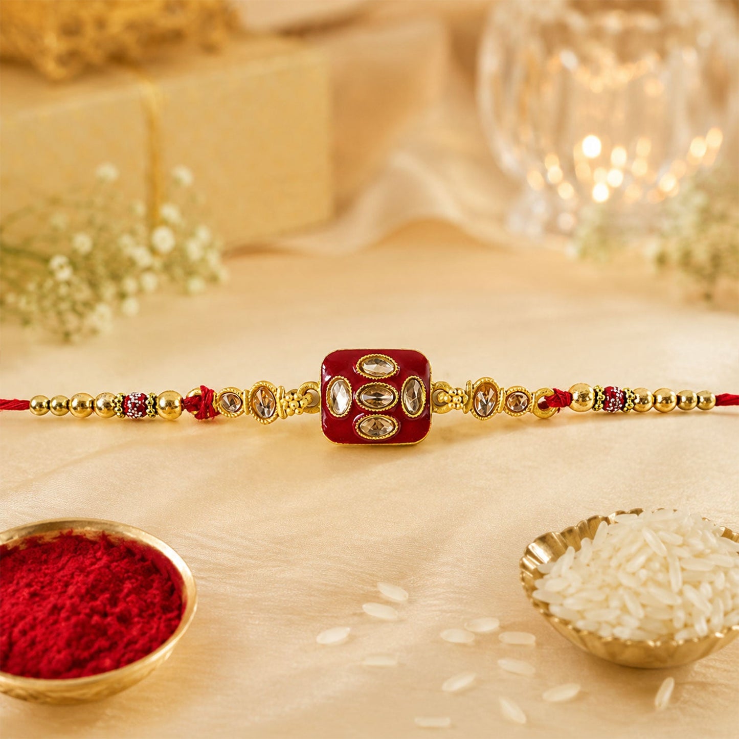Square Kundan Multi Stone Enamel Charm Pearl Bead Thread Rakhi for Brother