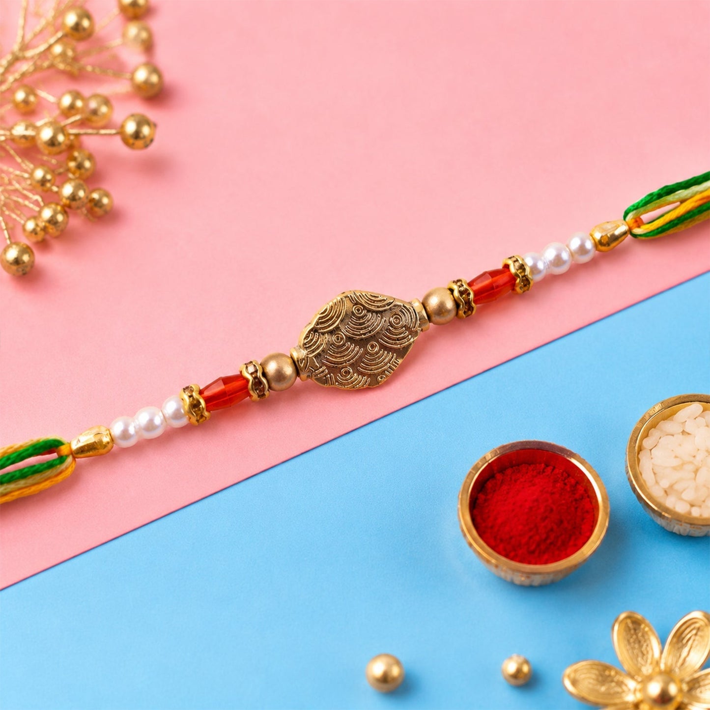 Antique Oval Textured Charm Pearl Crystal Bead Fancy Thread Rakhi for Brother